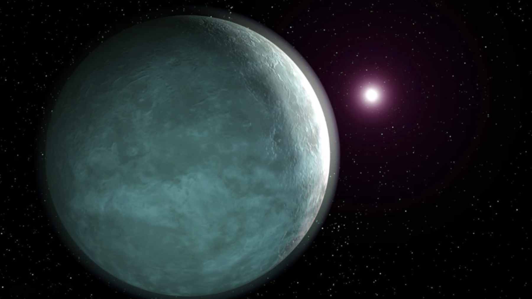 Artist's impression of a rocky super-Earth exoplanet orbiting a red dwarf star in the GJ 887 system.