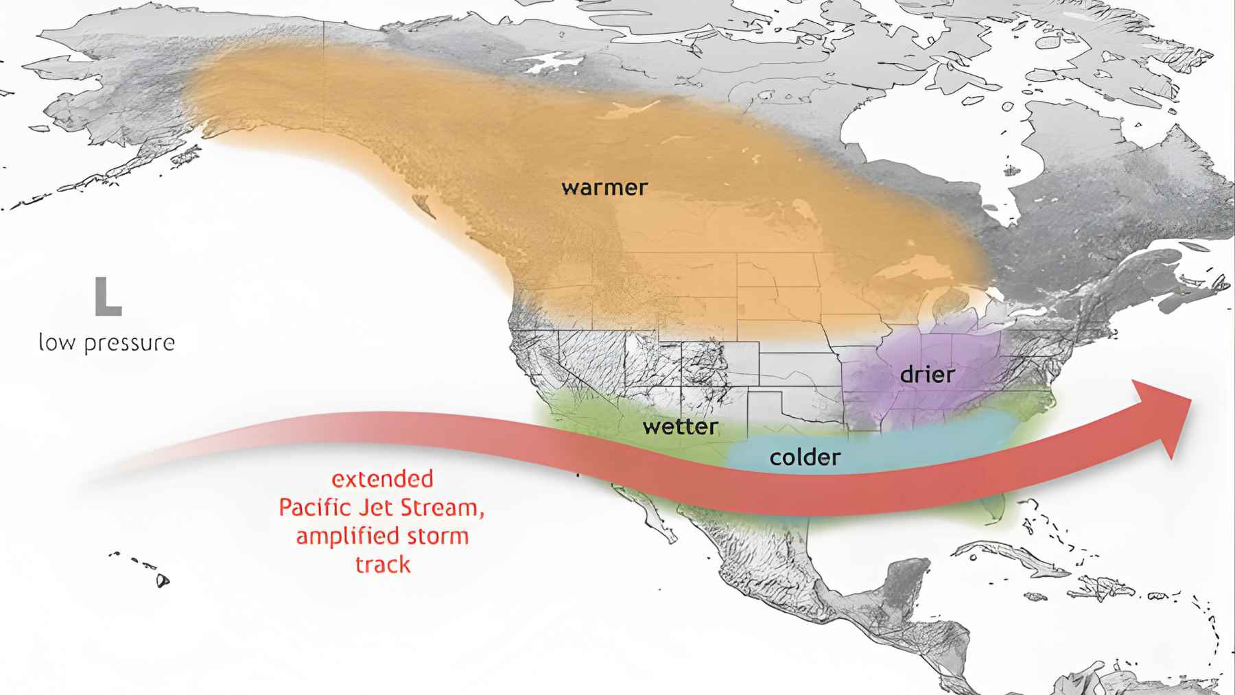Global weather map showing temperature and rainfall anomalies linked to a potential super El Niño event
