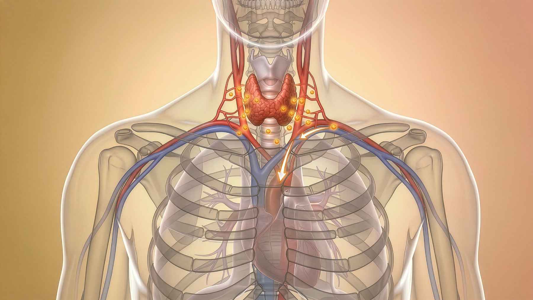 Anatomical diagram showing the thymus gland located behind the breastbone between the lungs and above the heart