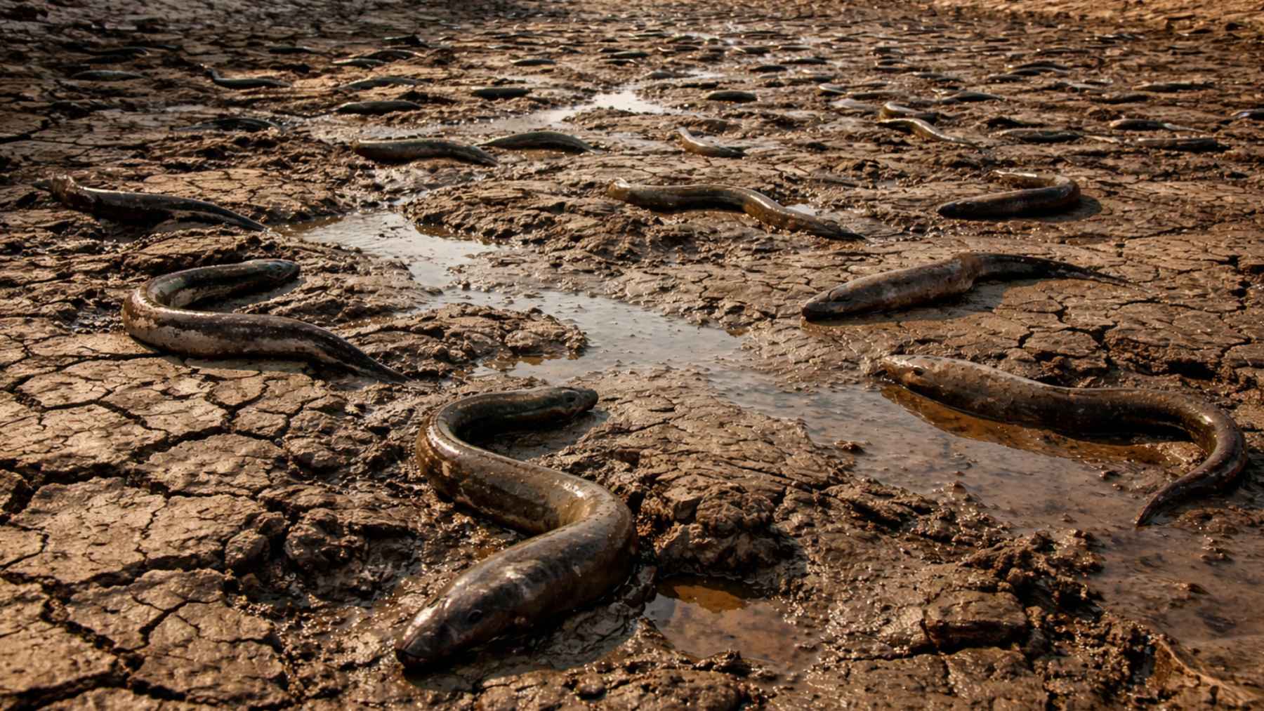 European eels stranded in a drying riverbed near Valencia as drought leaves shallow, isolated pools