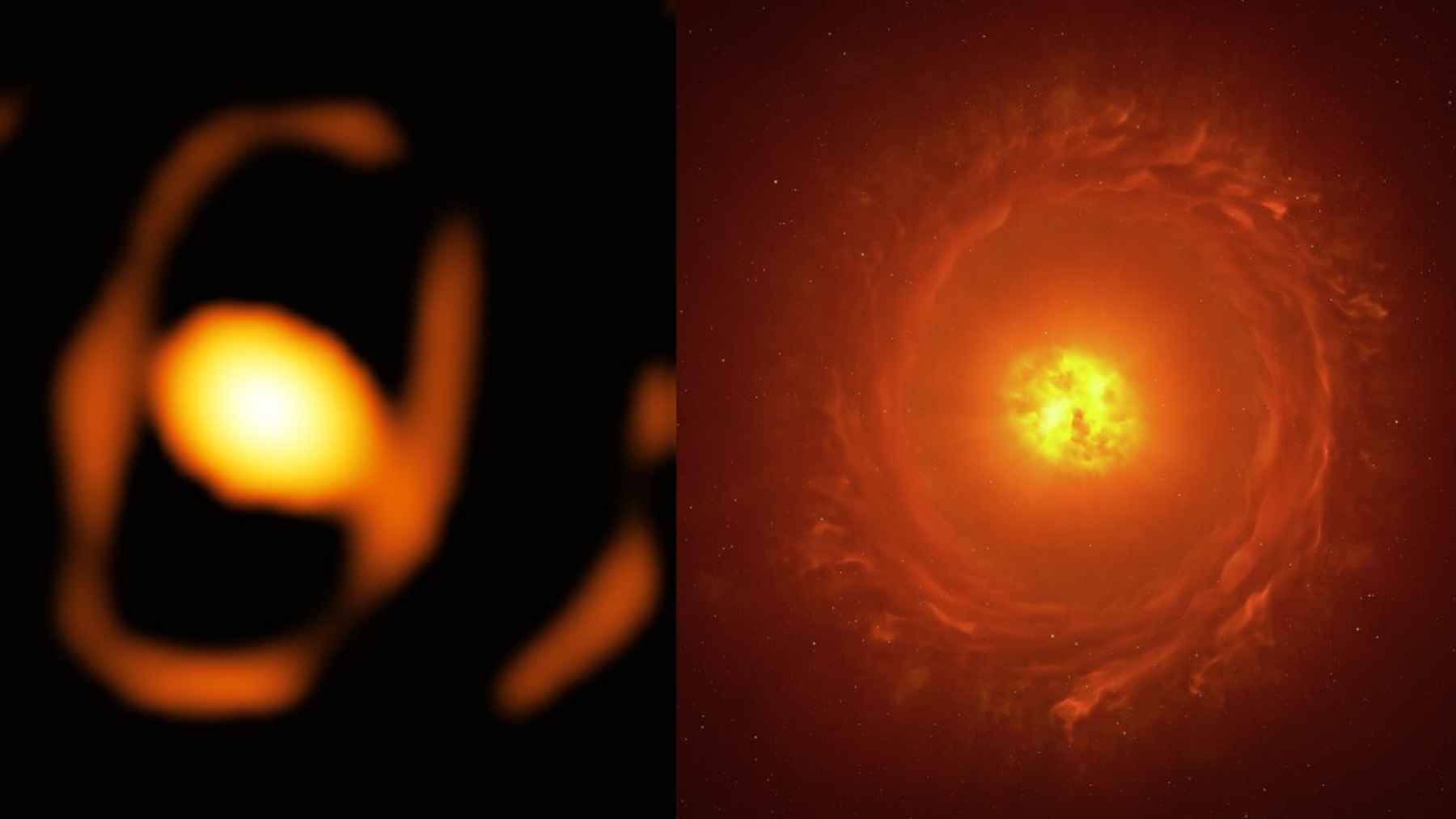 ECOnews 1 Side-by-side view of WOH G64 showing a blurred central star and a larger illustration of the massive star surrounded by a thick cocoon of gas and dust.