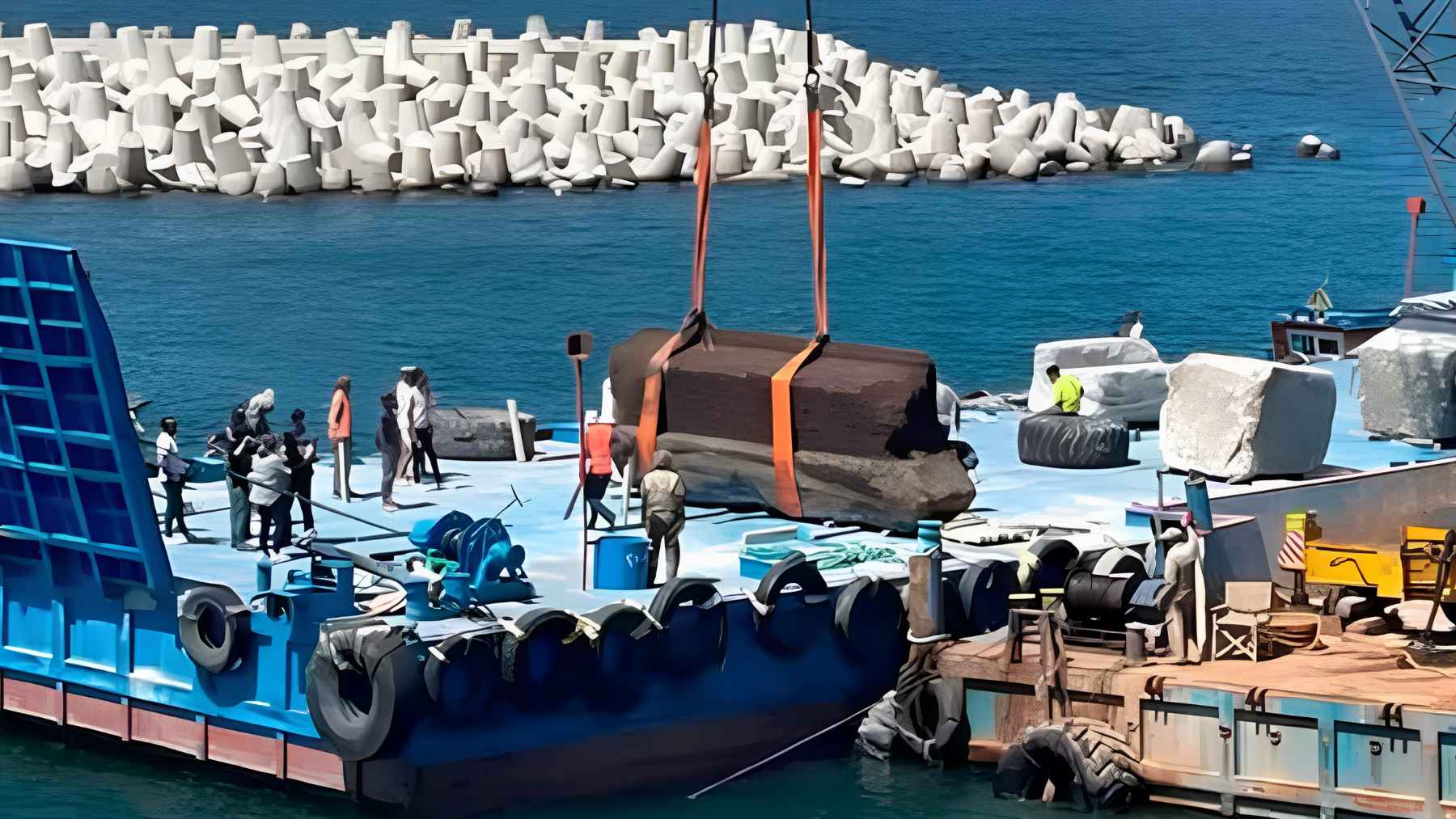 Massive stone blocks recovered underwater near the ruins of the ancient Lighthouse of Alexandria