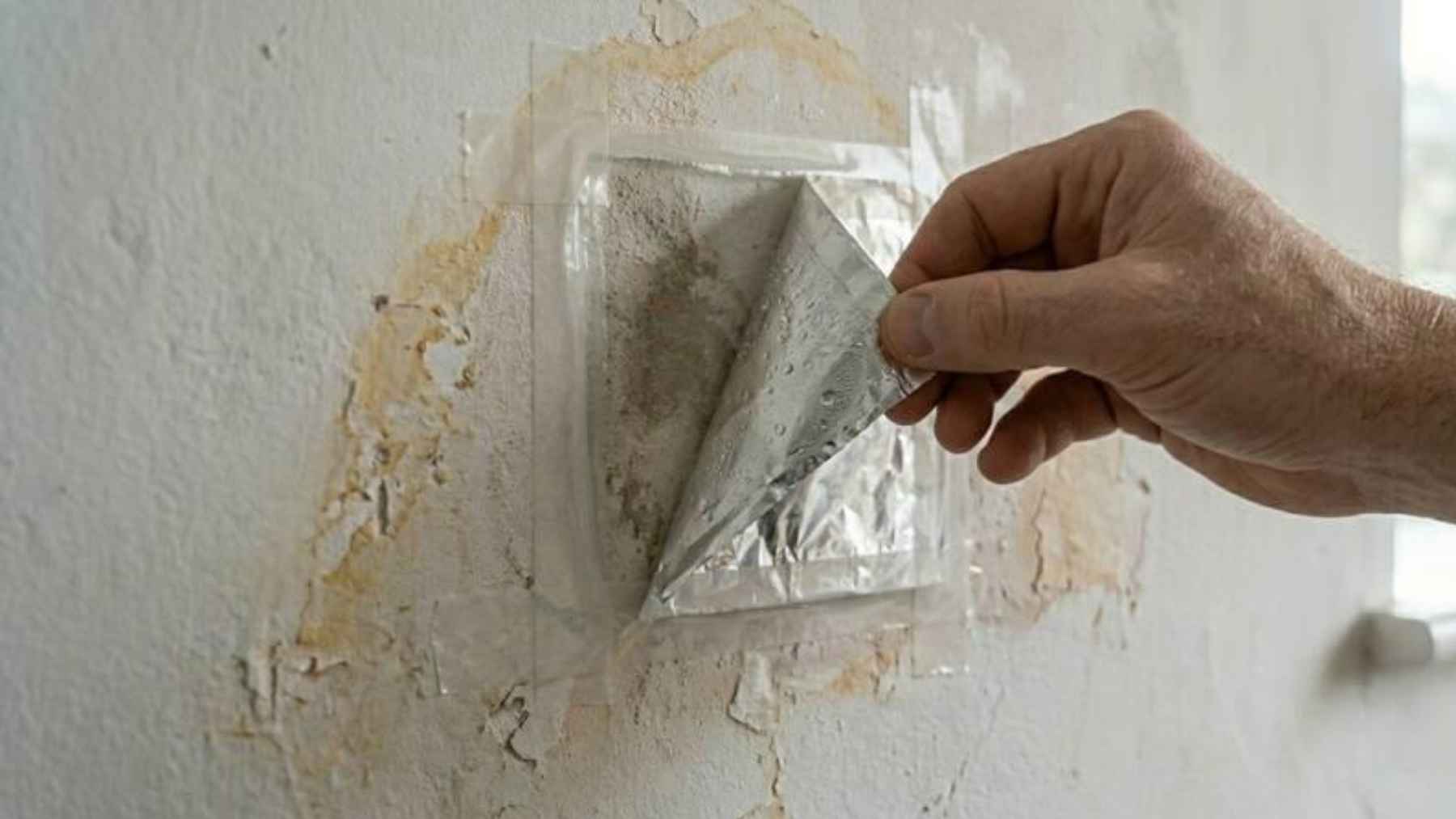 Hand lifting aluminum foil from a damp wall to check for hidden moisture and condensation.