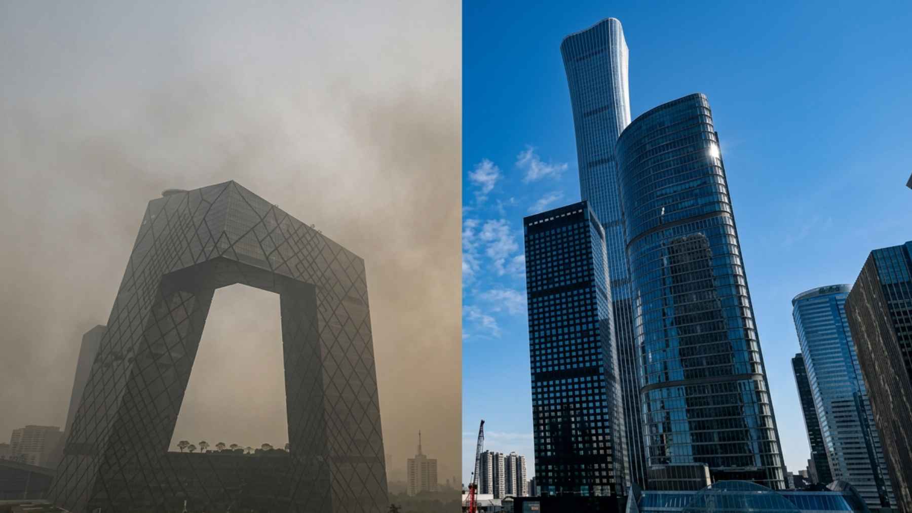 Side-by-side comparison of Beijing’s skyline showing heavy smog on one side and clear blue sky over modern buildings on the other.