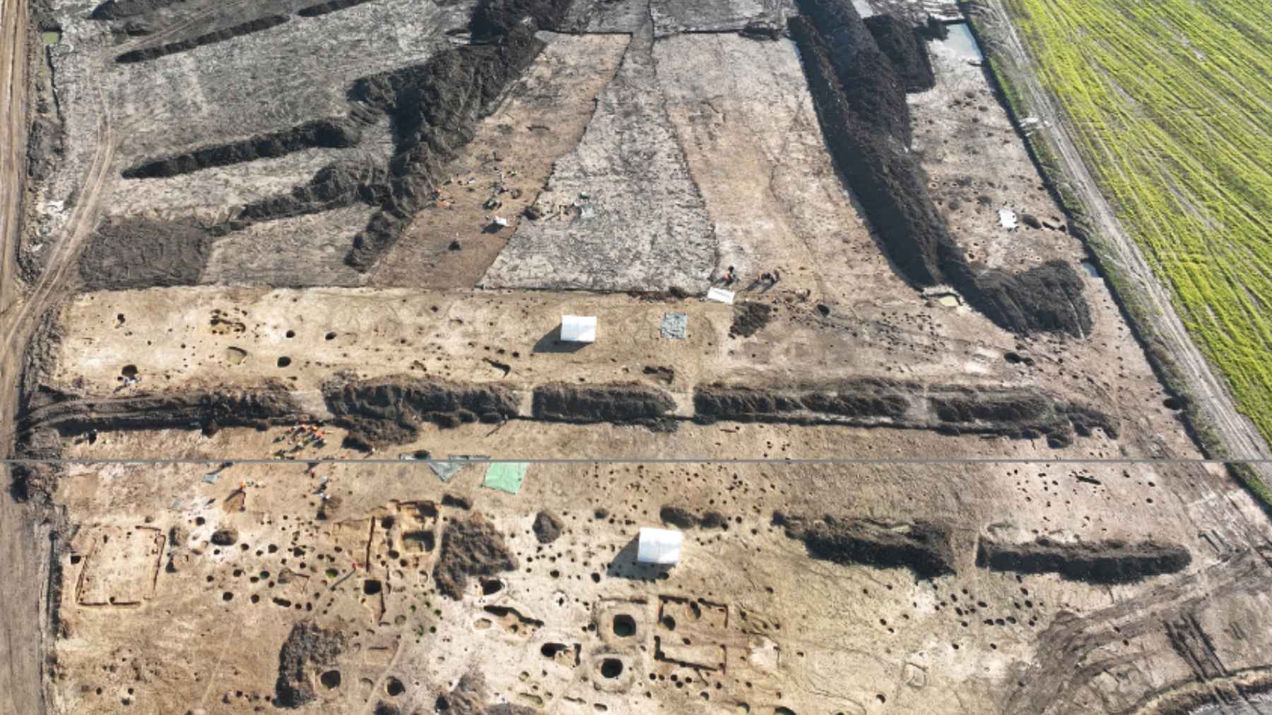 Aerial view of the archaeological excavation uncovering an ancient Celtic settlement in the Czech Republic