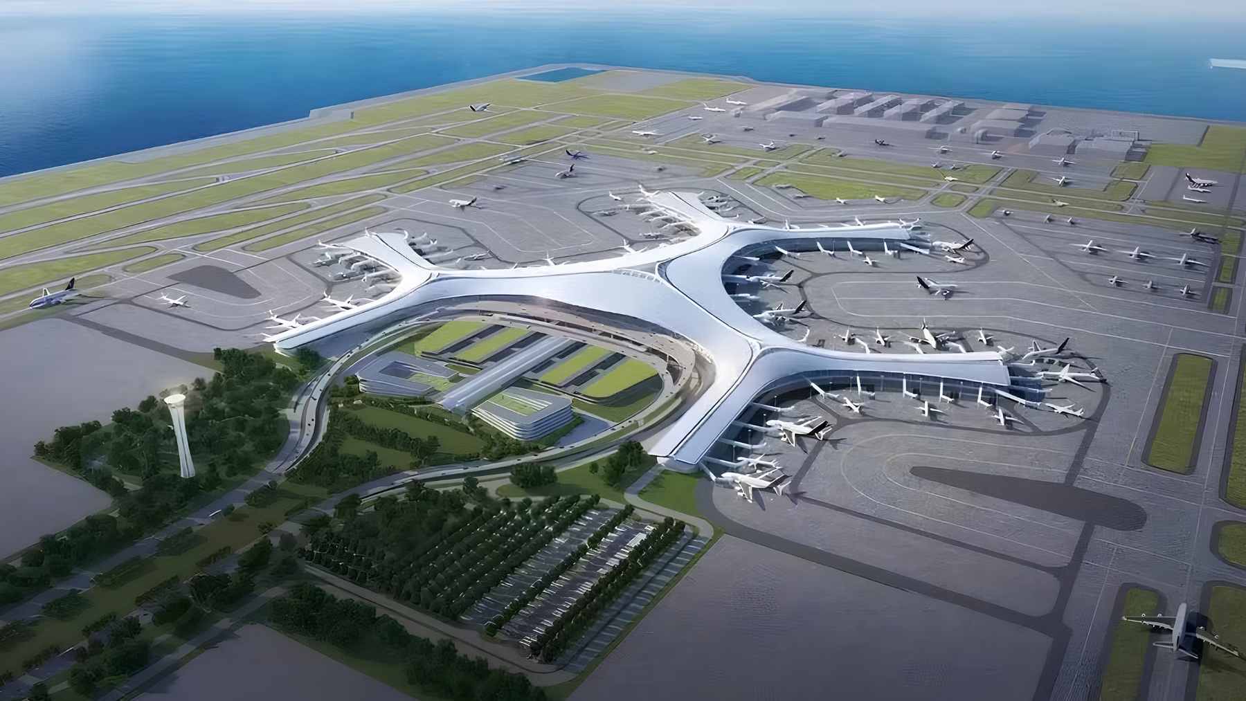 China is building a massive floating airport in the middle of the ocean, and the idea of a runway on water shows how far engineering goes when land runs out 1 Large-scale aerial view of the Dalian Jinzhouwan International Airport land reclamation site in Jinzhou Bay, China.