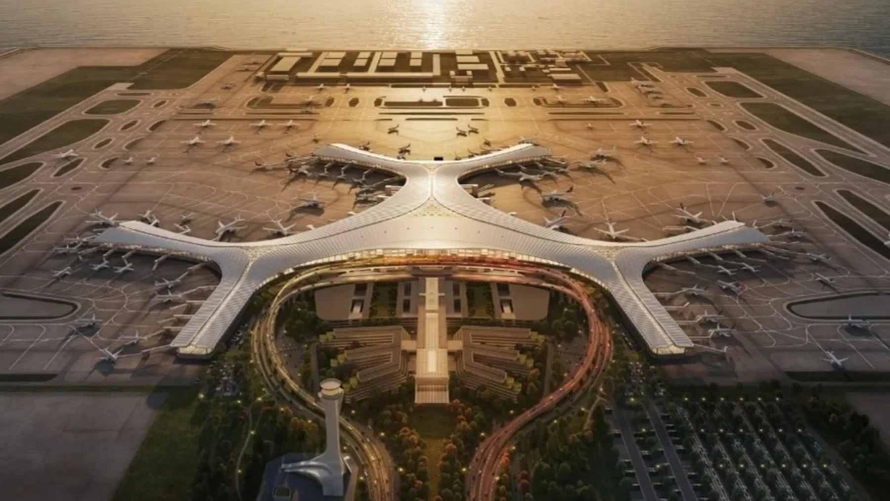 Large-scale aerial view of the Dalian Jinzhouwan International Airport land reclamation site in Jinzhou Bay, China.