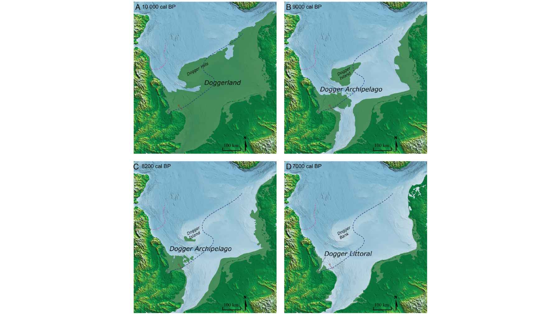 Series of maps showing Doggerland shrinking and submerging in the North Sea between 10,000 and 7,000 years ago