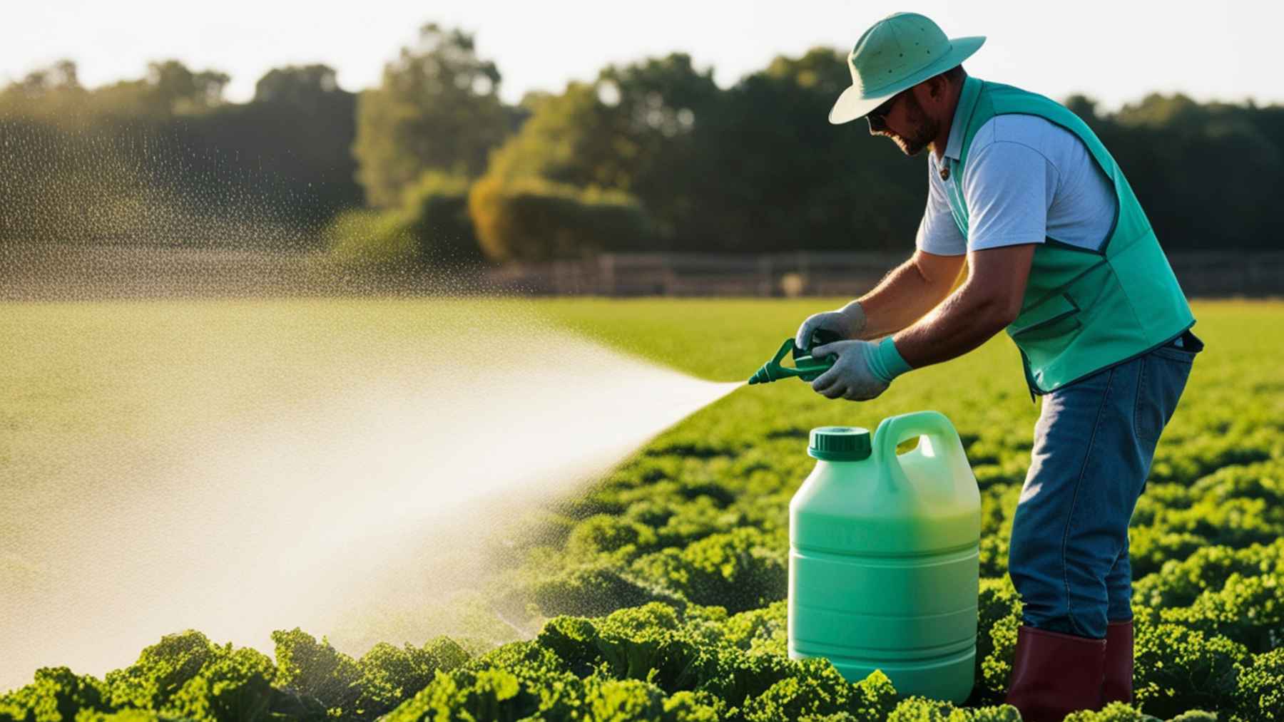 ECOnews 1 Farmer spraying pesticide over a green crop field, illustrating agricultural chemicals that can reach freshwater ecosystems.