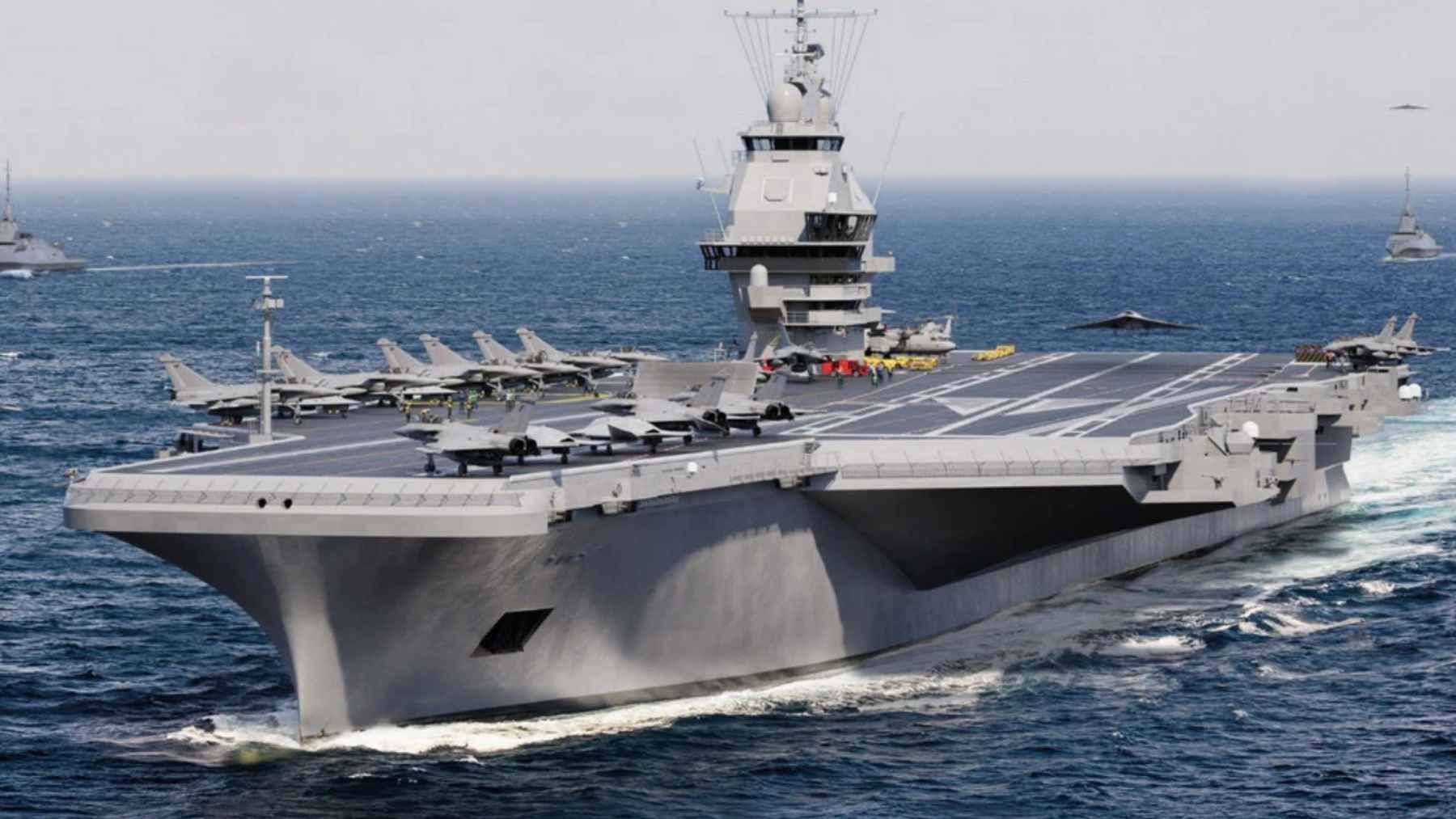 Concept art of the French Navy's future nuclear-powered aircraft carrier, France Libre, underway at sea.