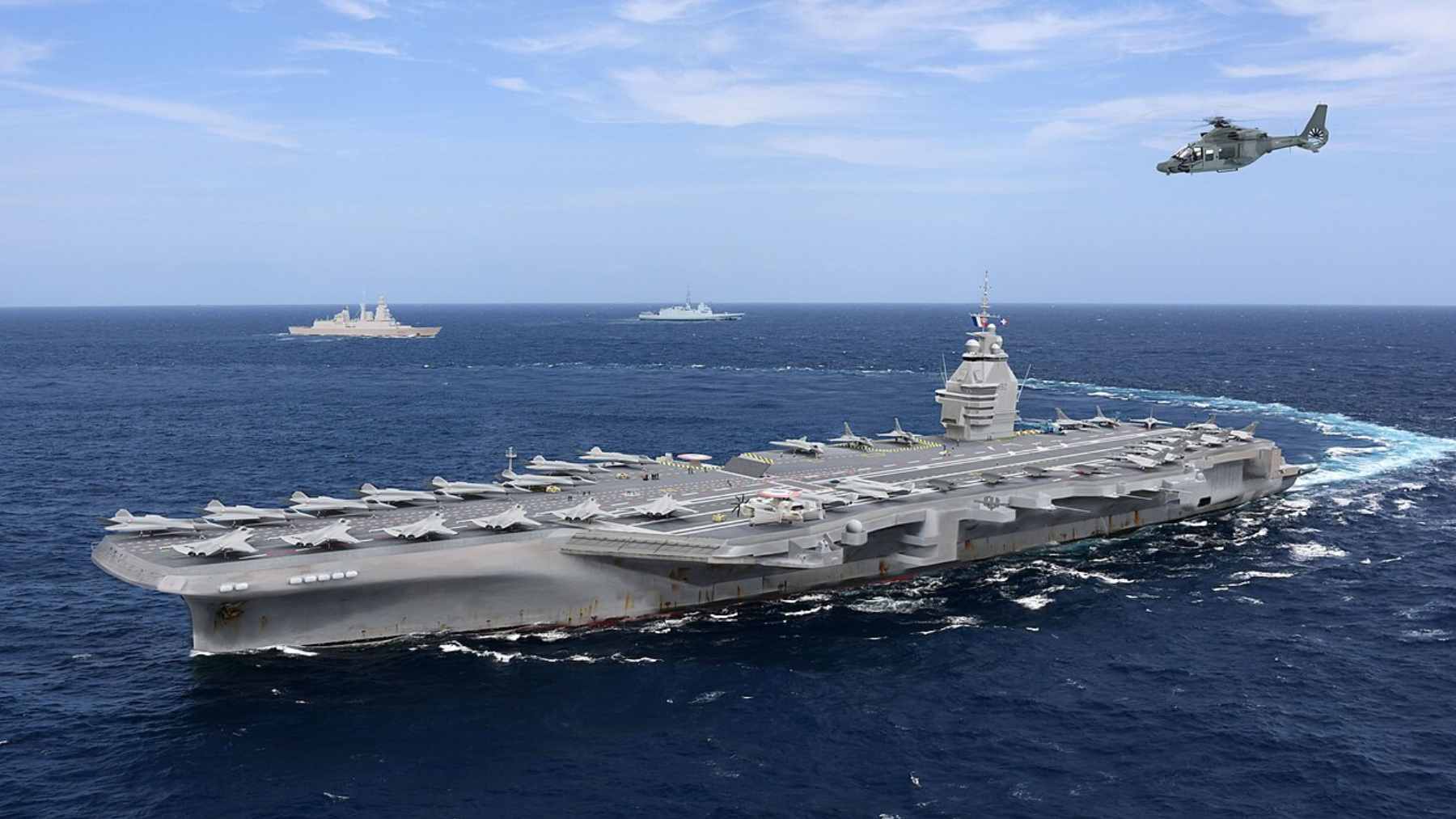 Concept art of the French Navy's future nuclear-powered aircraft carrier, France Libre, underway at sea.