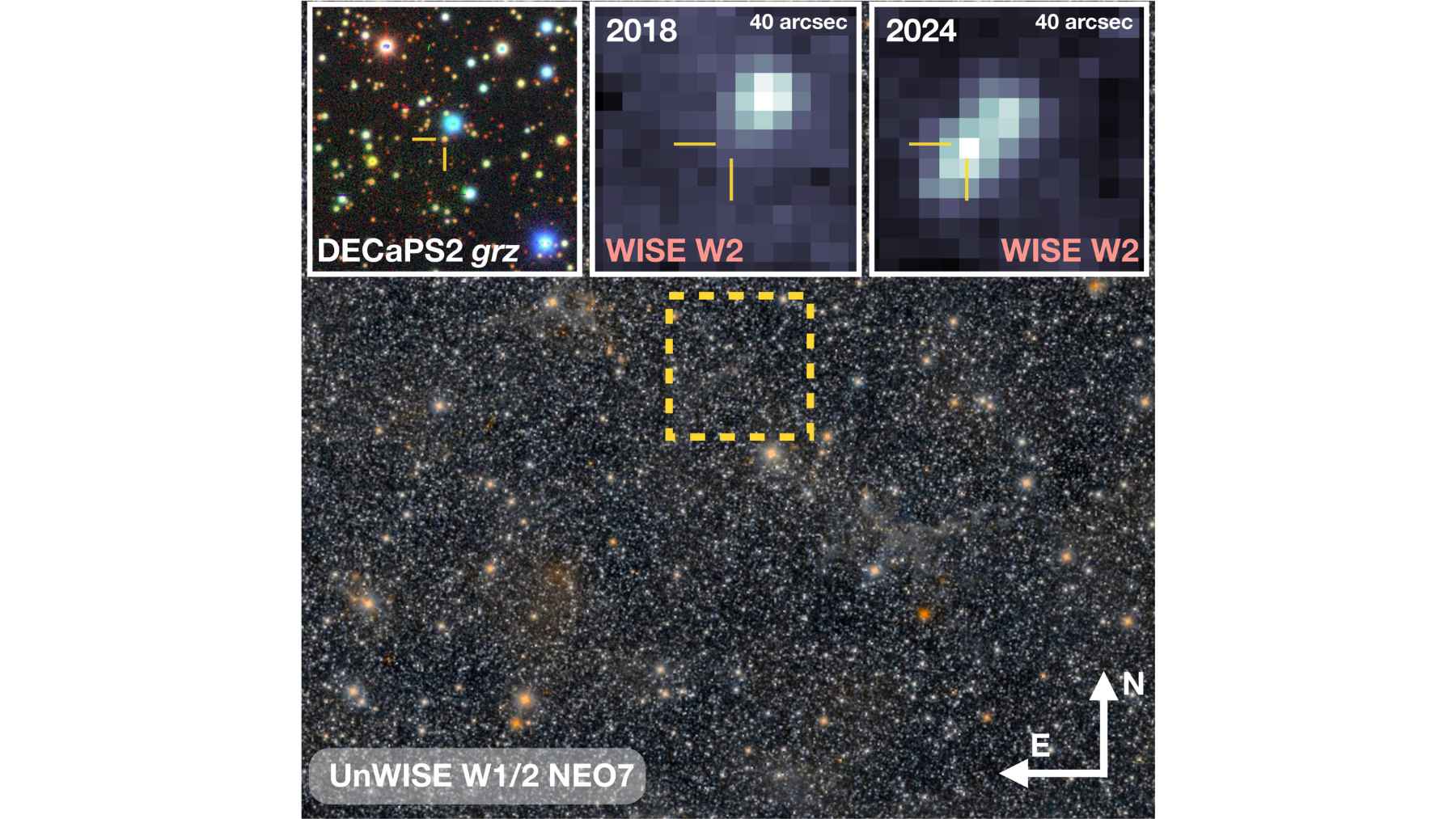 Comparison images from WISE showing infrared brightening around Gaia20ehk between 2018 and 2024