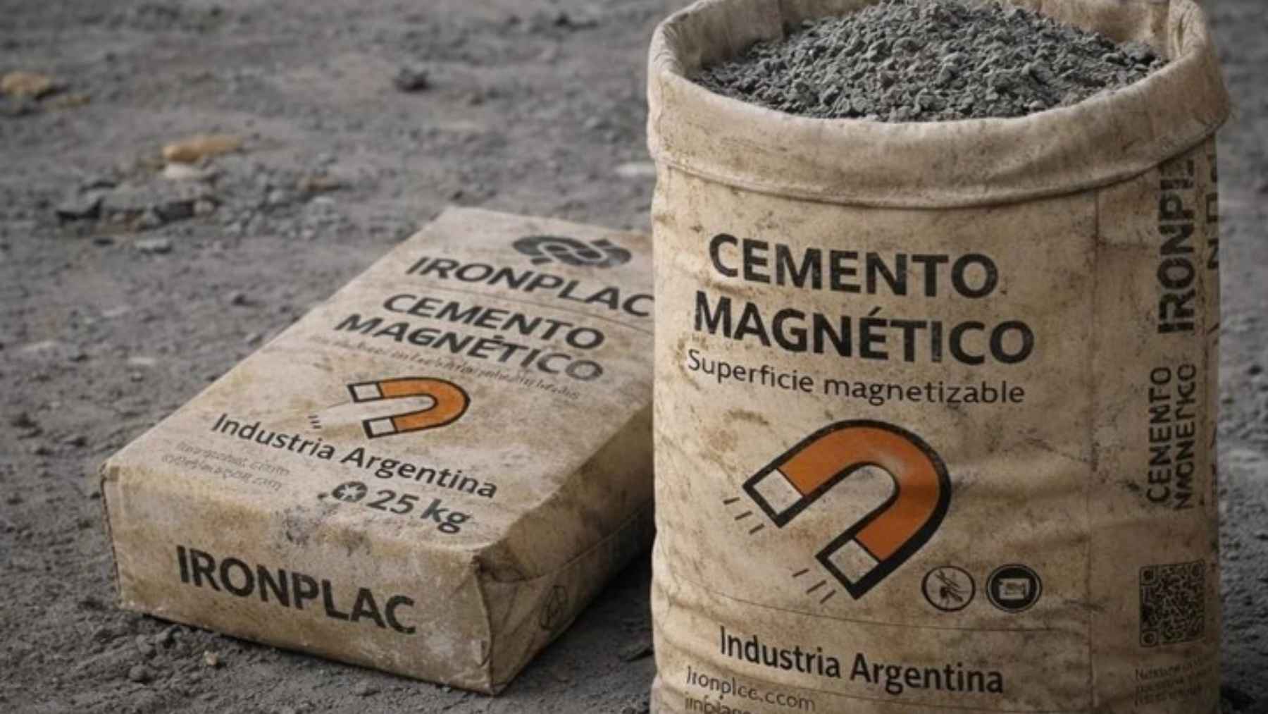 A 29-year-old industrial engineering student in Argentina created Ironplac, a magnetizable wall finish that lets you hang tools, frames, and even kitchen knives without drilling, because the wall stays passive and the magnet on the object does the work 1 Bags of Ironplac magnetic cement on a construction site, showing a magnetizable wall finish developed in Argentina.