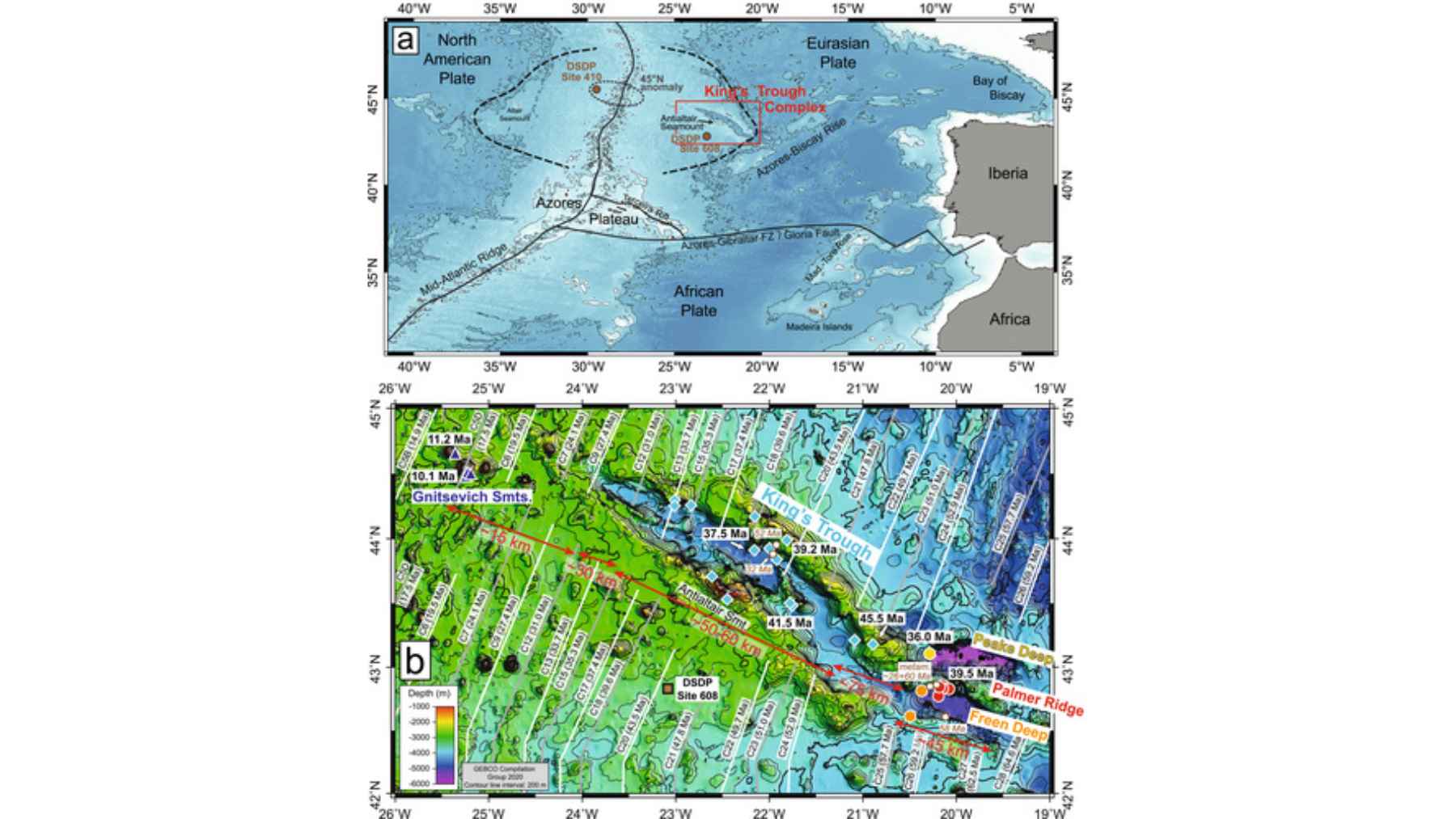 Scientists have mapped a massive 500-kilometer-long underwater fissure hidden beneath the Atlantic Ocean and now believe they know how this colossal “wound” formed 37 million years ago 1 Scientific map showing the King’s Trough underwater fissure and tectonic structures beneath the Atlantic Ocean