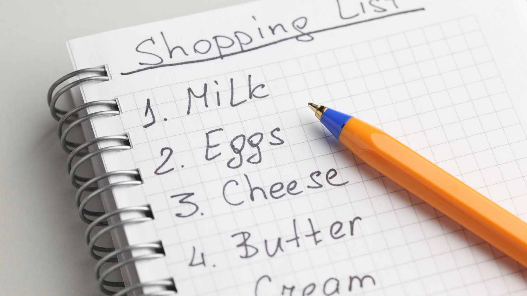 A handwritten grocery list on a piece of lined paper next to a pen and a shopping basket, emphasizing the physical act of planning.