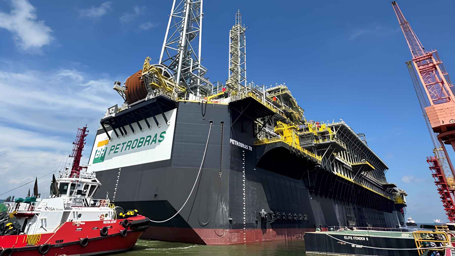 Petrobras FPSO vessel docked and prepared for offshore deployment, used to produce and store oil in deepwater fields.