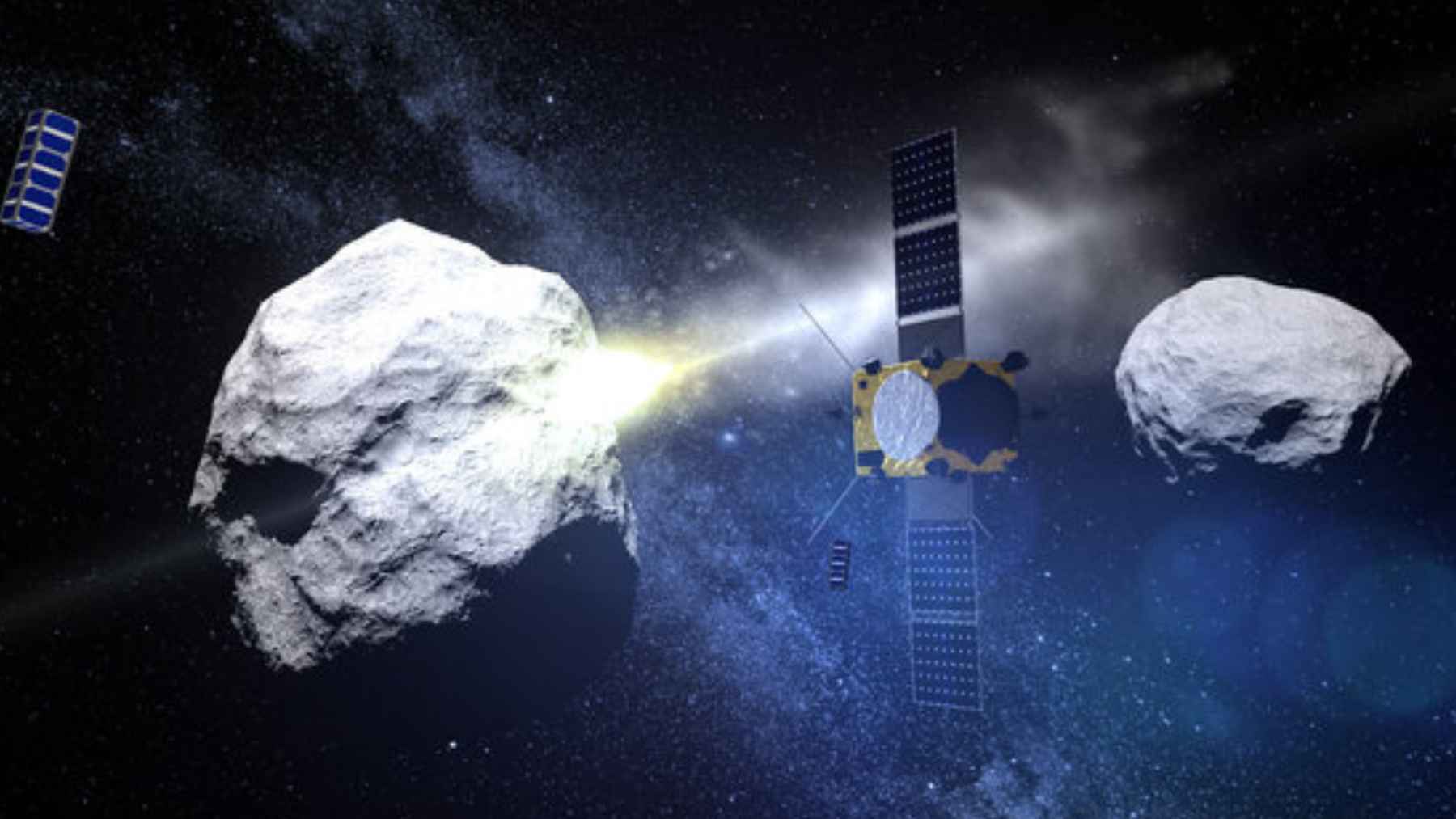 Spacecraft observing an asteroid deflection test as part of planetary defense research against impact threats