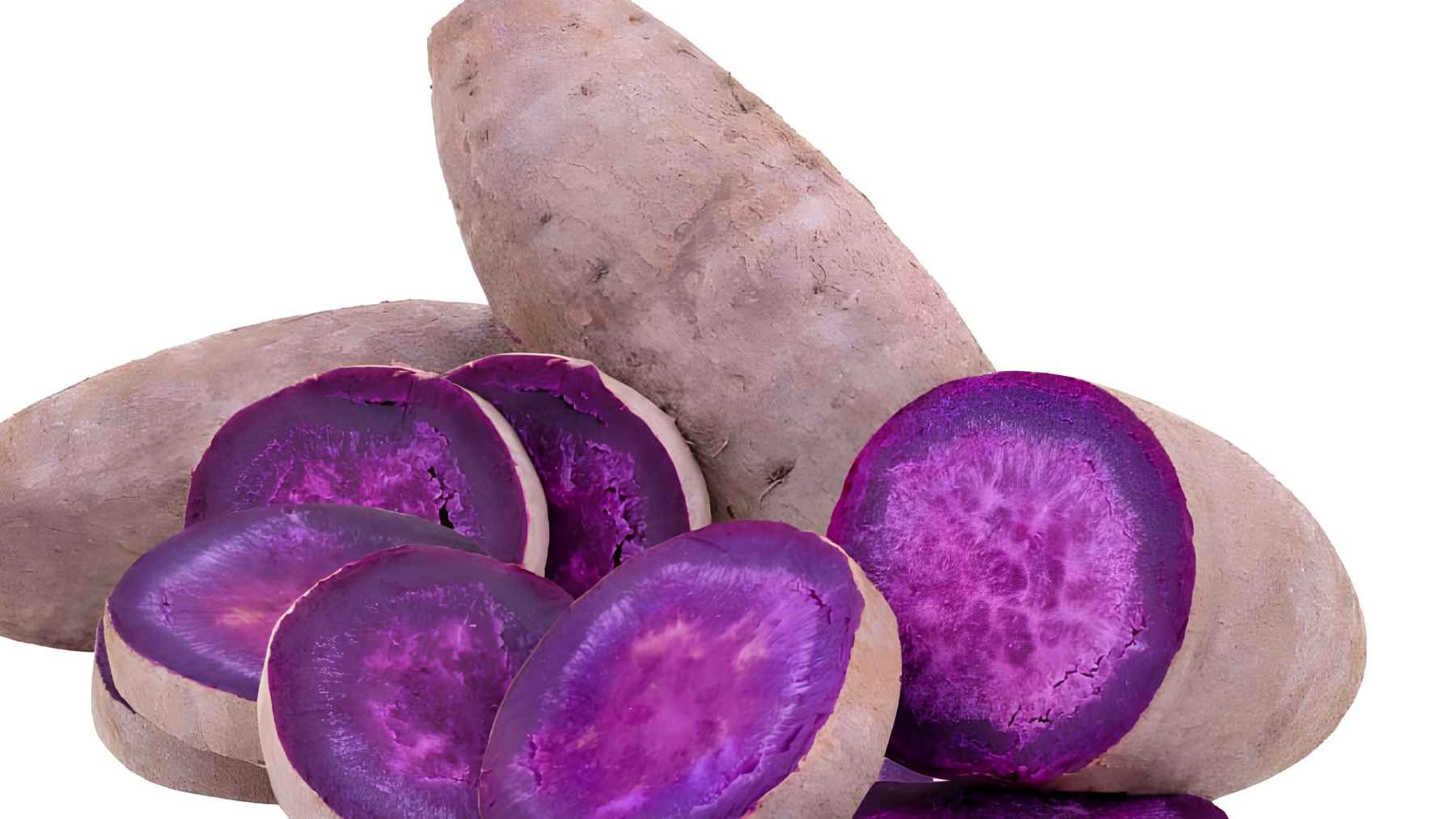 Purple yam tubers sliced open showing vibrant interior, linked to potential brain health and memory benefits