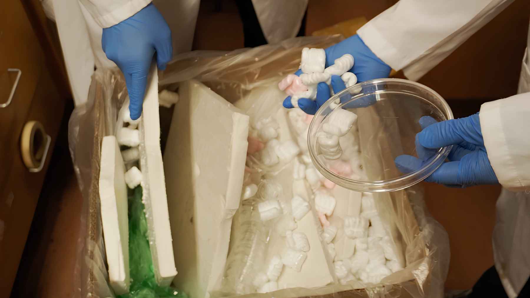 ECOnews 1 Researchers handling polystyrene foam waste during experiments on a new light-driven recycling process