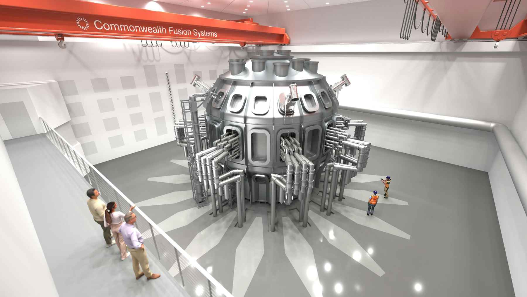 Rendering of the SPARC fusion reactor inside a Commonwealth Fusion Systems assembly hall with workers nearby for scale.