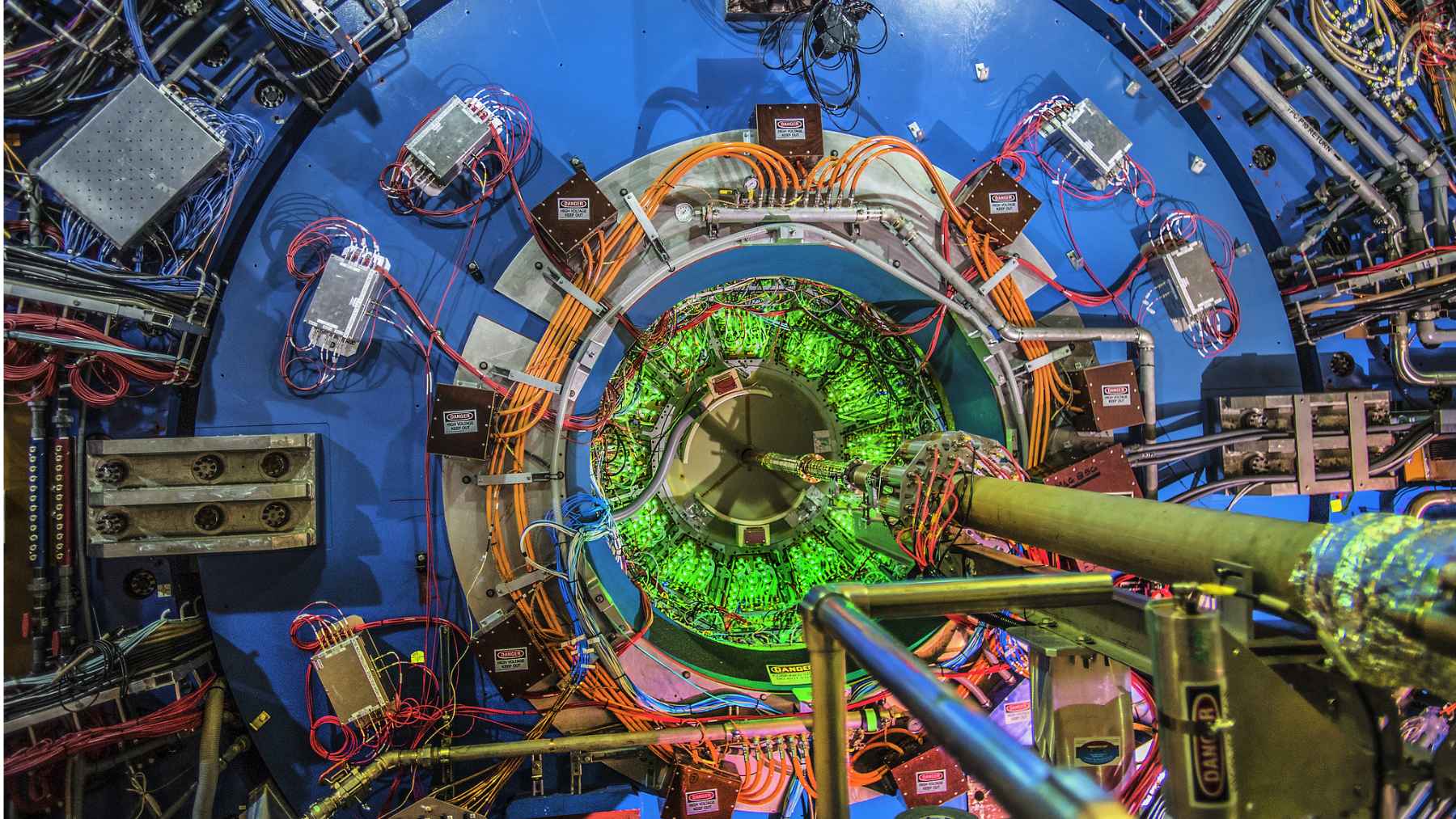 Interior view of the STAR detector at Brookhaven’s Relativistic Heavy Ion Collider, used to study high-energy particle collisions.