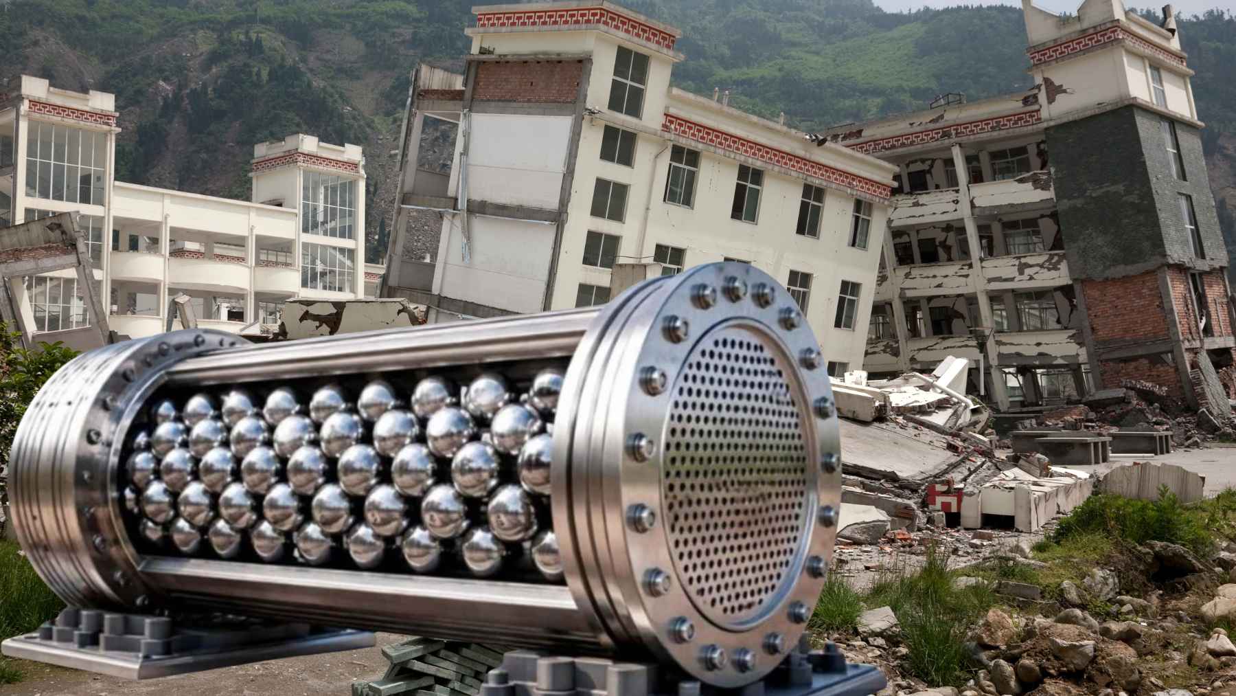 Prototype earthquake damping device using steel spheres inside a cylinder to absorb structural vibrations