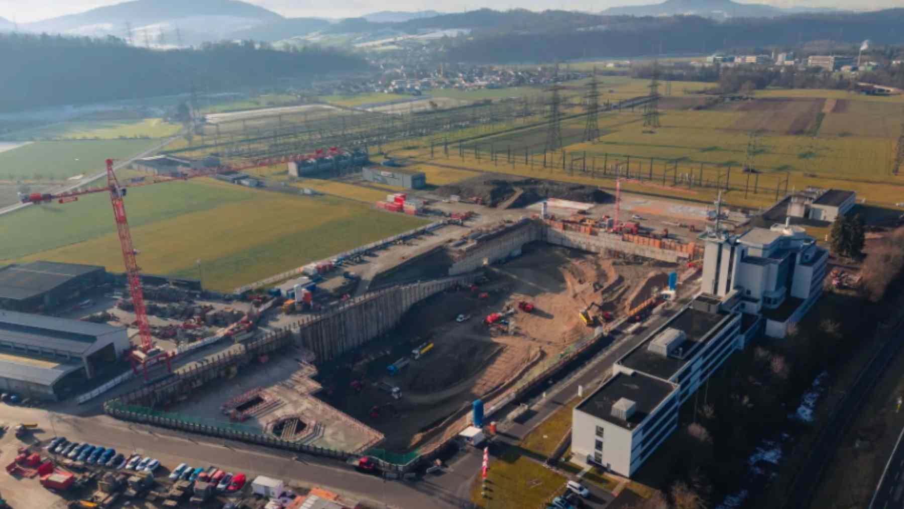 Aerial view of the Laufenburg construction site in Switzerland, where a massive 2.1-GWh redox-flow battery is planned.