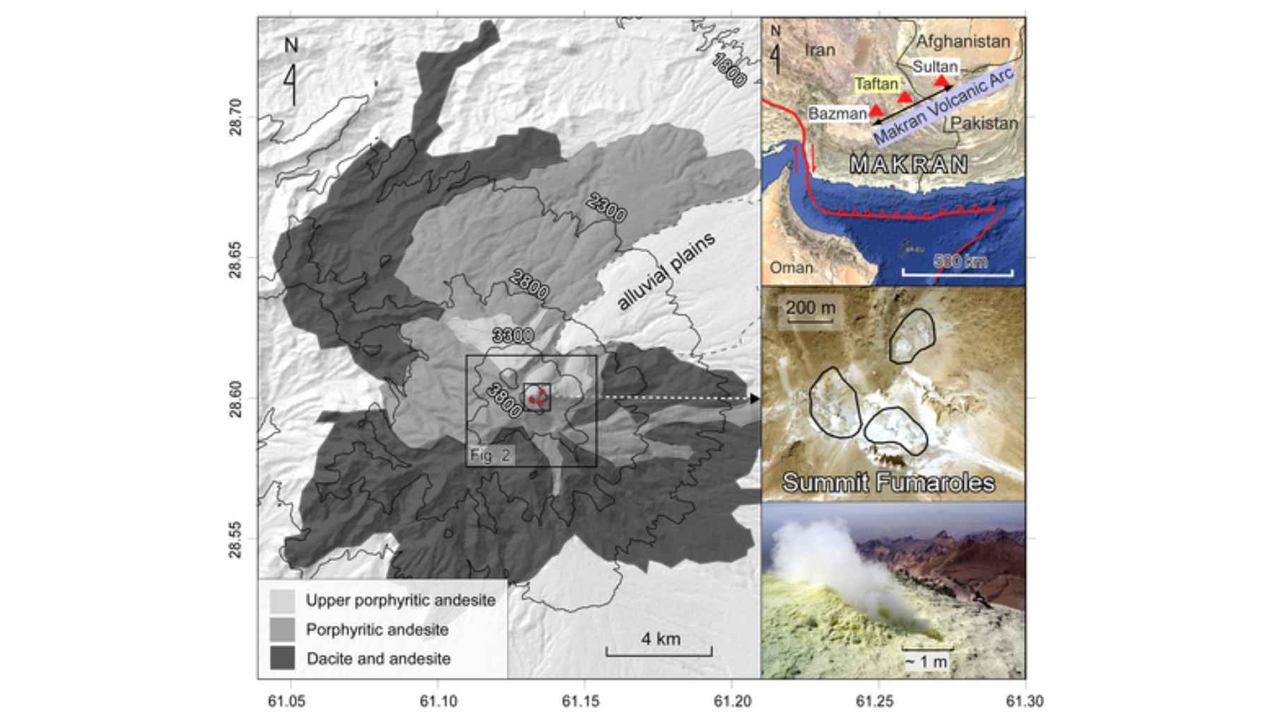 Scientific map of Taftan volcano in Iran showing uplift area, fumaroles, and regional tectonic setting