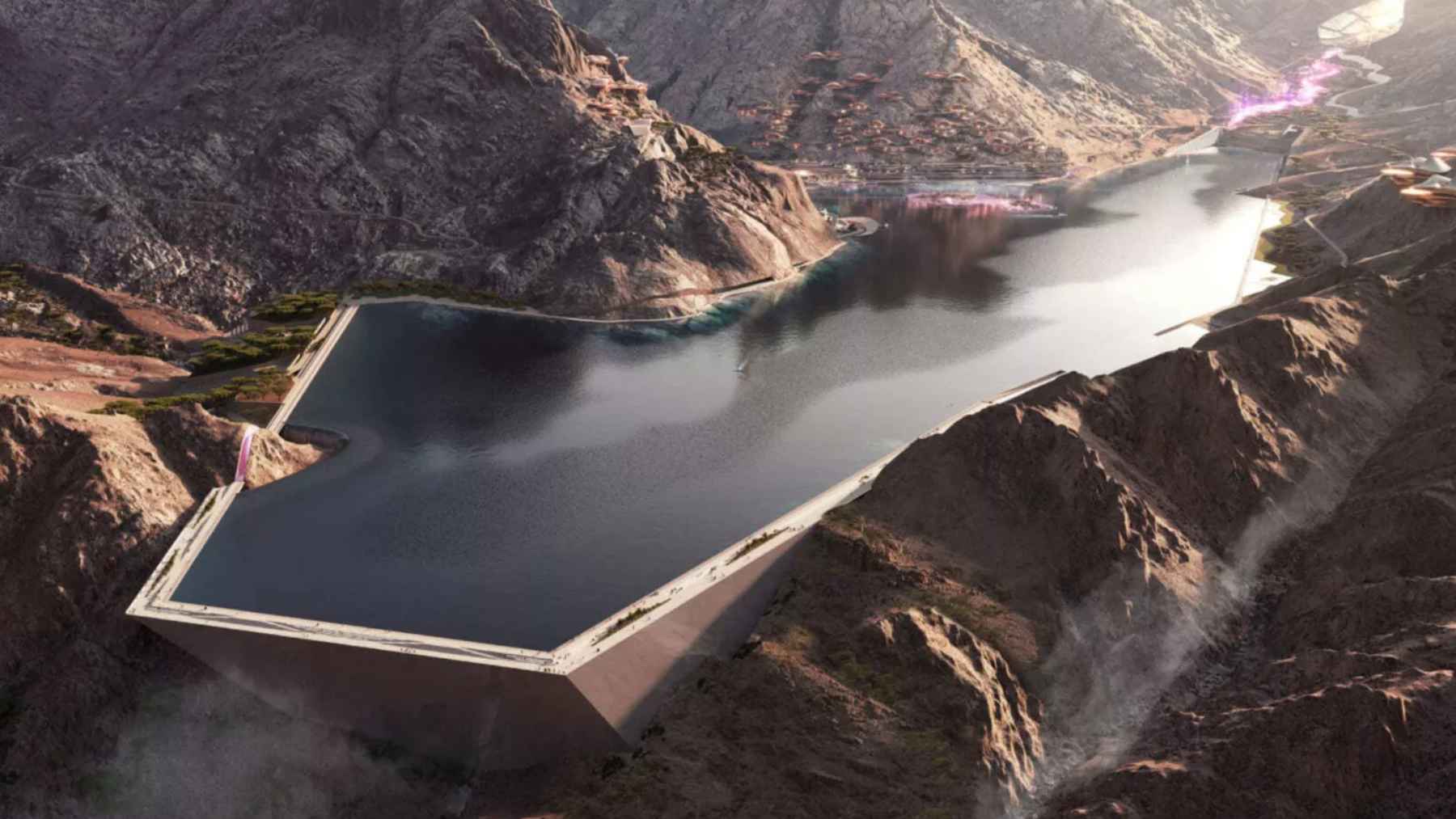 Artificial lake in desert mountains with large dams in Saudi Arabia’s Trojena NEOM project