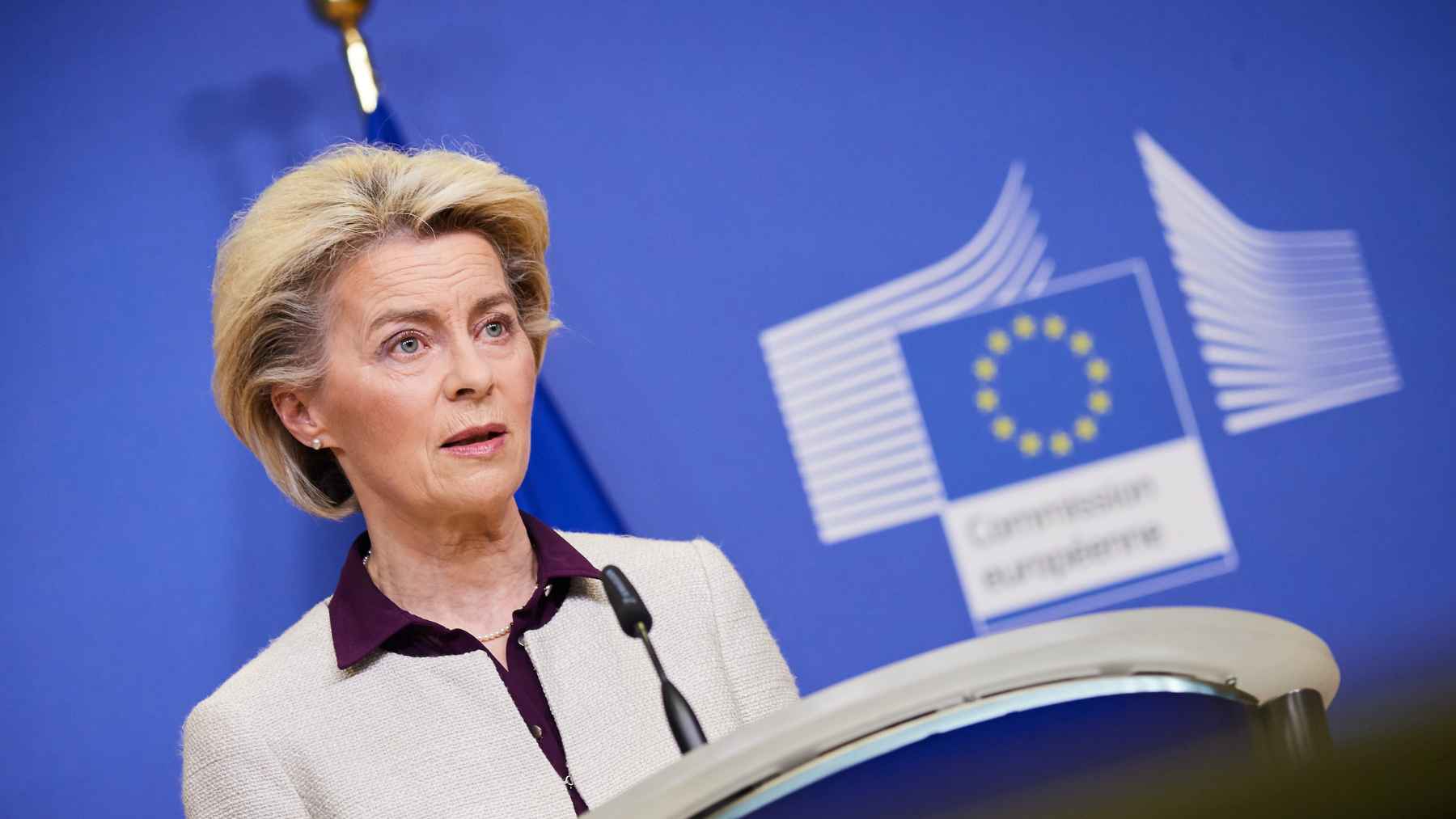 European Commission President Ursula von der Leyen speaking during an EU policy announcement in Brussels