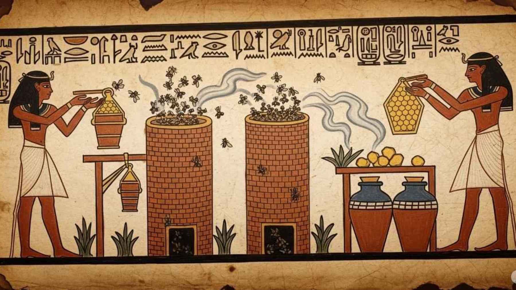 Ancient Egyptian illustration showing beekeeping and honey production with hives and jars.