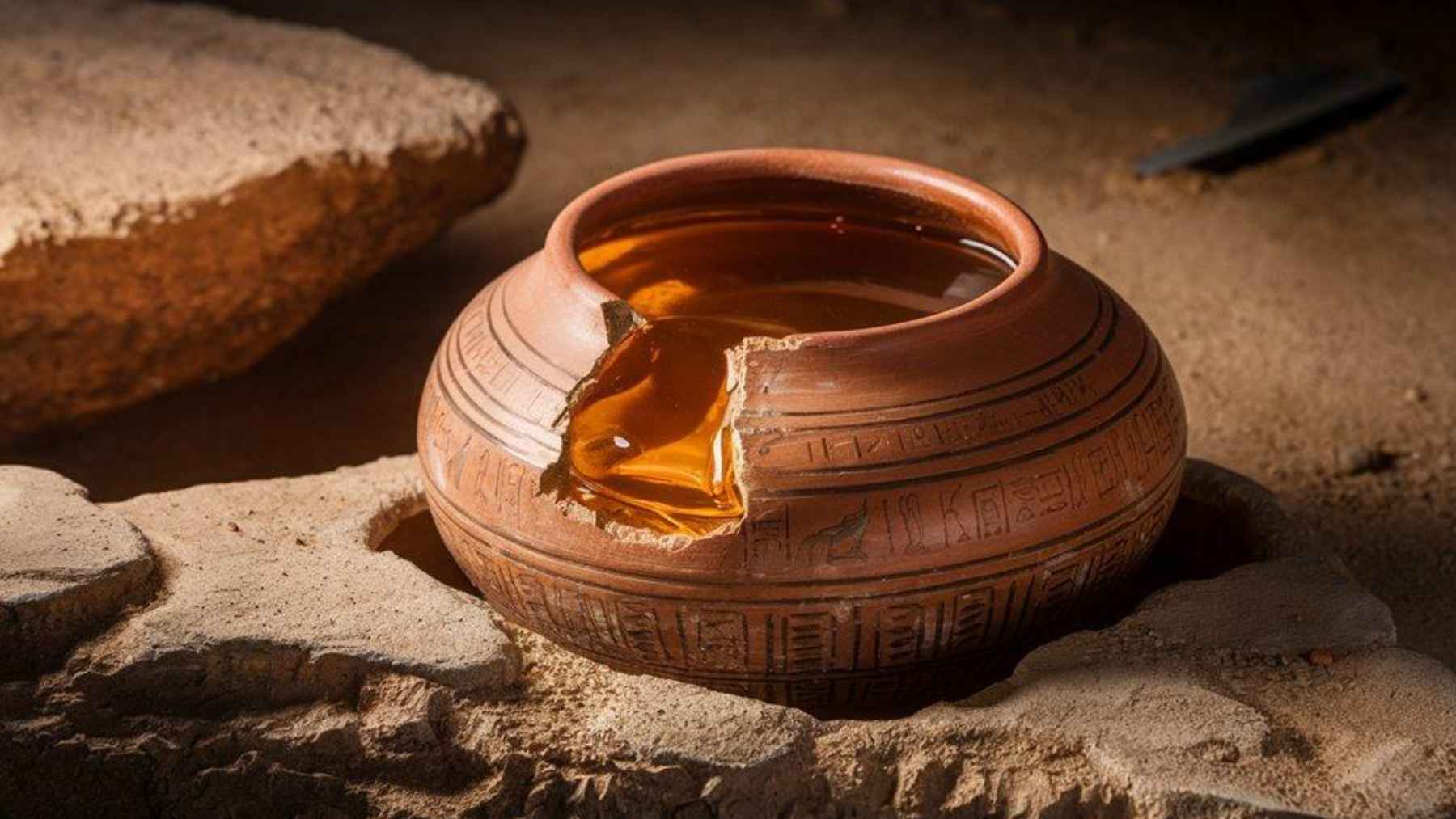 Honey pulled from Egyptian tombs sealed for more than 3,000 years has been found still edible, thanks to chemistry that makes it nature’s near-perfect preservative 1 Clay jar filled with honey inspired by ancient Egyptian storage methods used in sealed tombs.