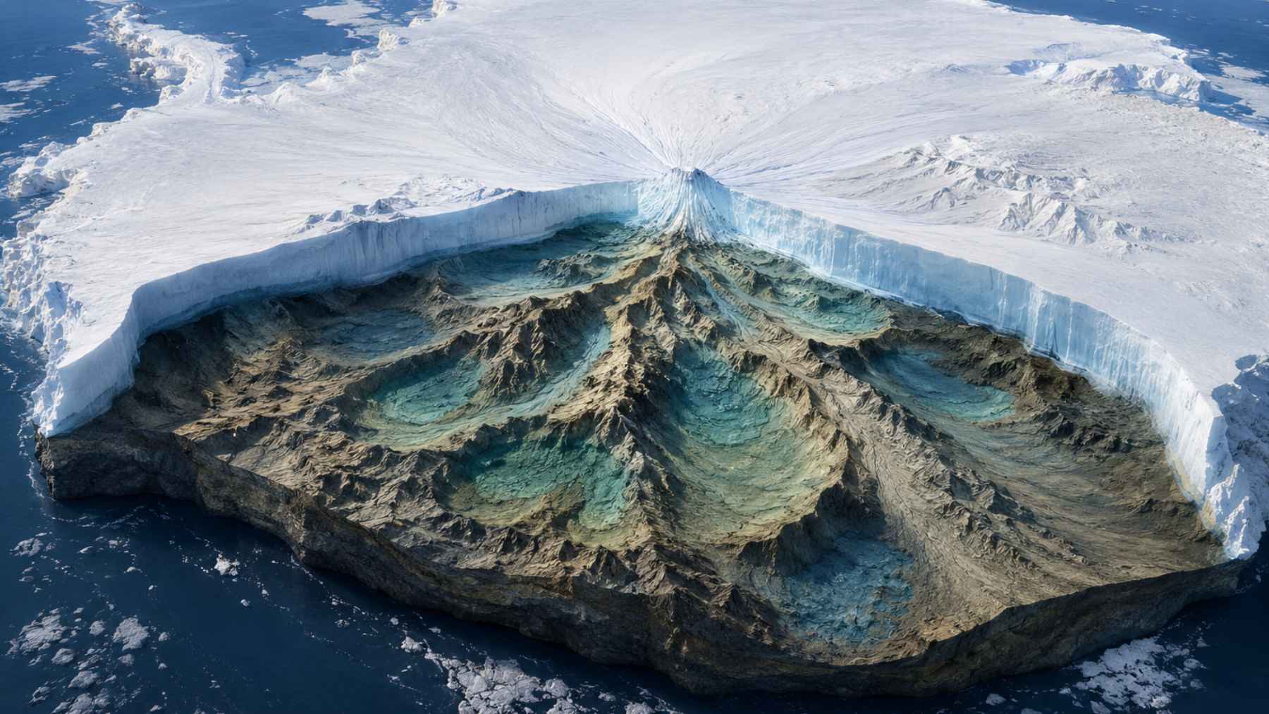 Color-coded map of Antarctica’s subglacial bedrock showing elevation and deep basin structures beneath the ice