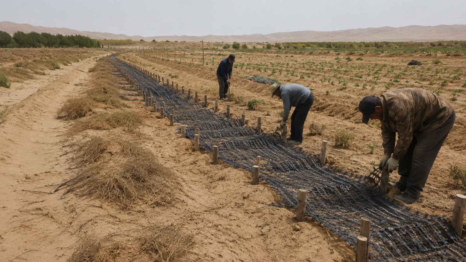 Workers installing a mesh barrier in a desert-edge field to control sand and protect crops using fiber-based materials.