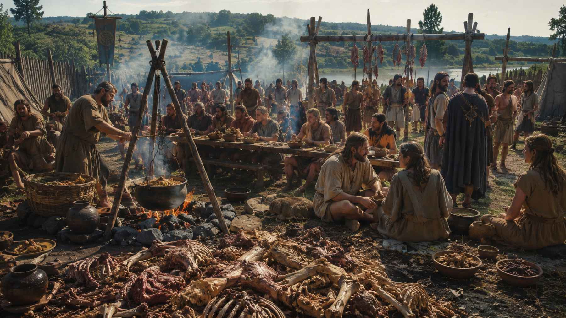 Illustration of a Bronze Age communal feast with people cooking meat over fire and sharing food in a prehistoric settlement.