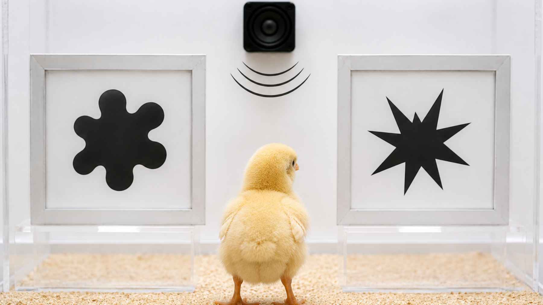ECOnews 1 Chick in a lab experiment choosing between round and spiky shapes, illustrating sound-shape associations linked to early language perception.