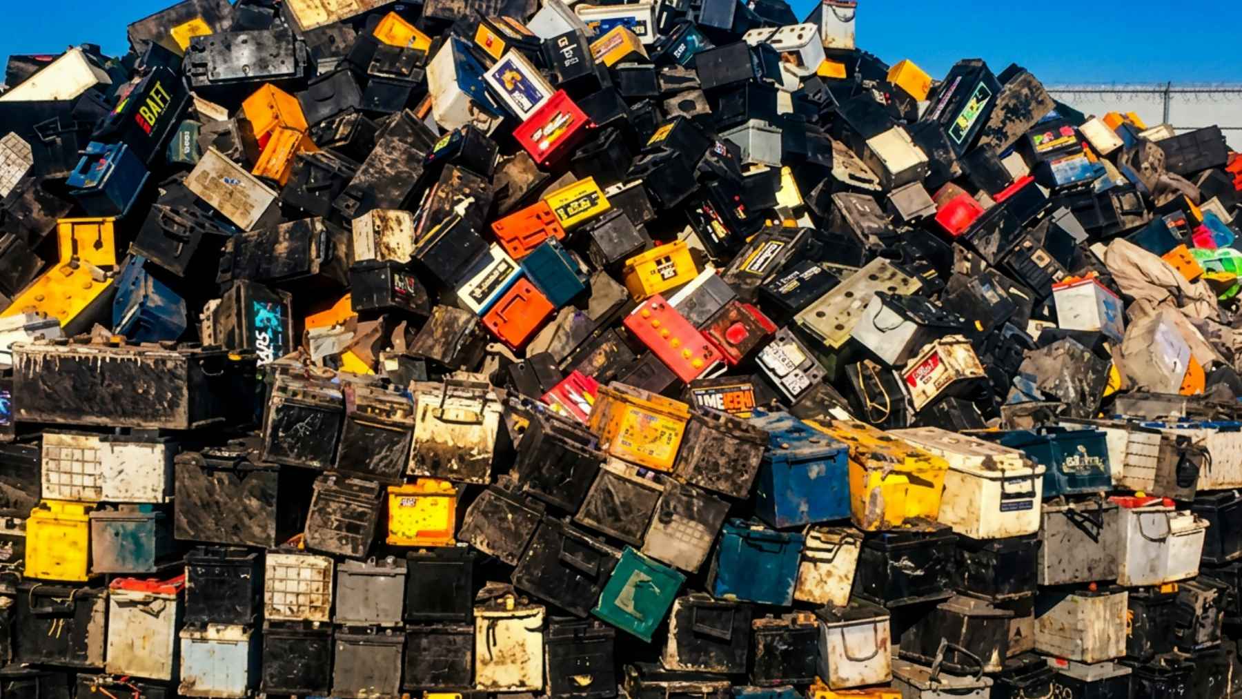 Large pile of discarded electric vehicle batteries stacked in an open recycling yard, showing the growing EV waste problem.