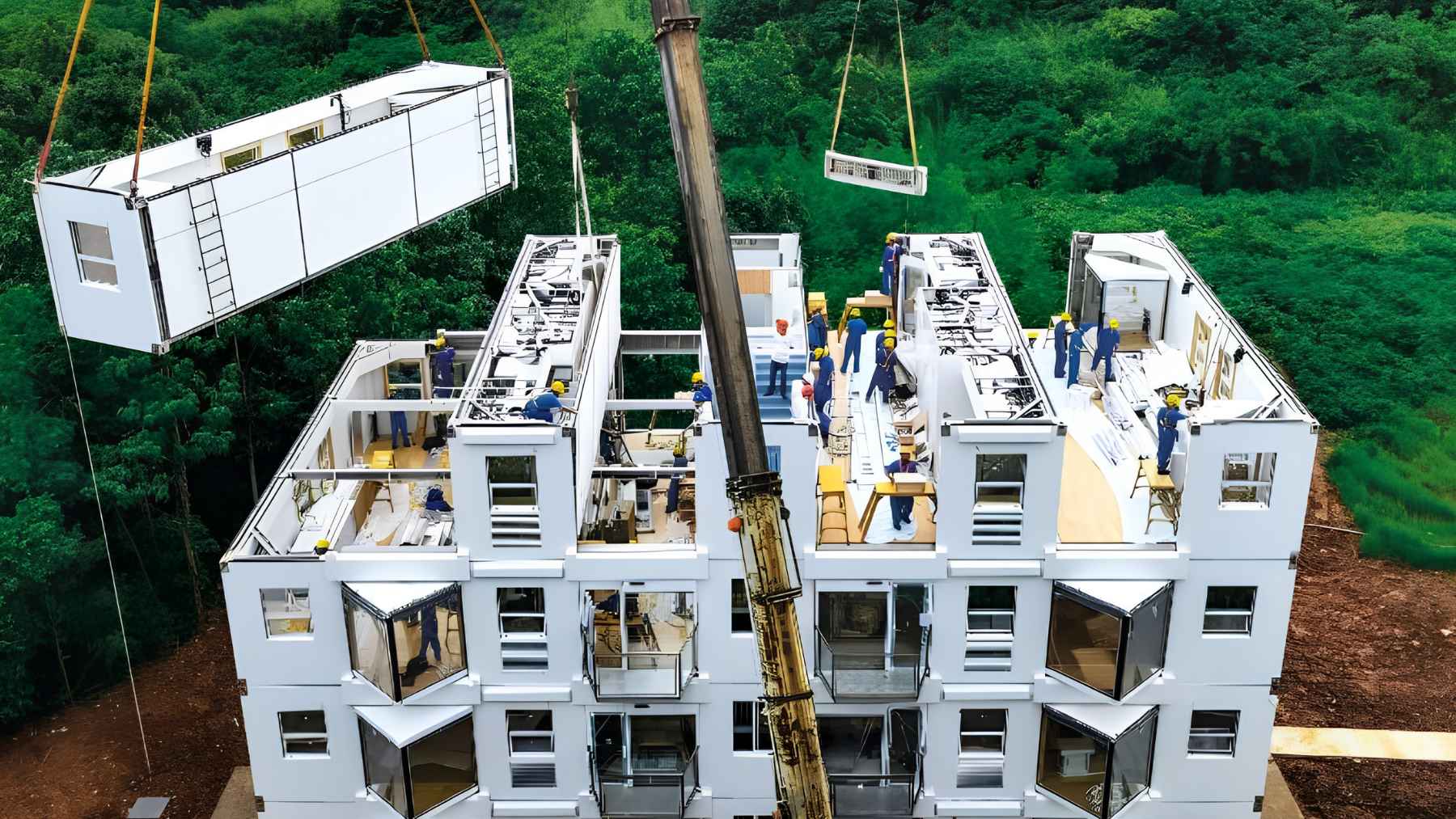 Cranes lifting prefabricated apartment modules into place during construction of a modular building in China.