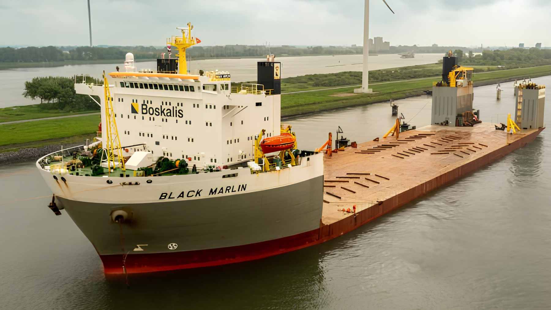 The heavy-lift ship MV Black Marlin arriving in Hobart to load the China Zorrilla, the world's largest battery-electric ferry.