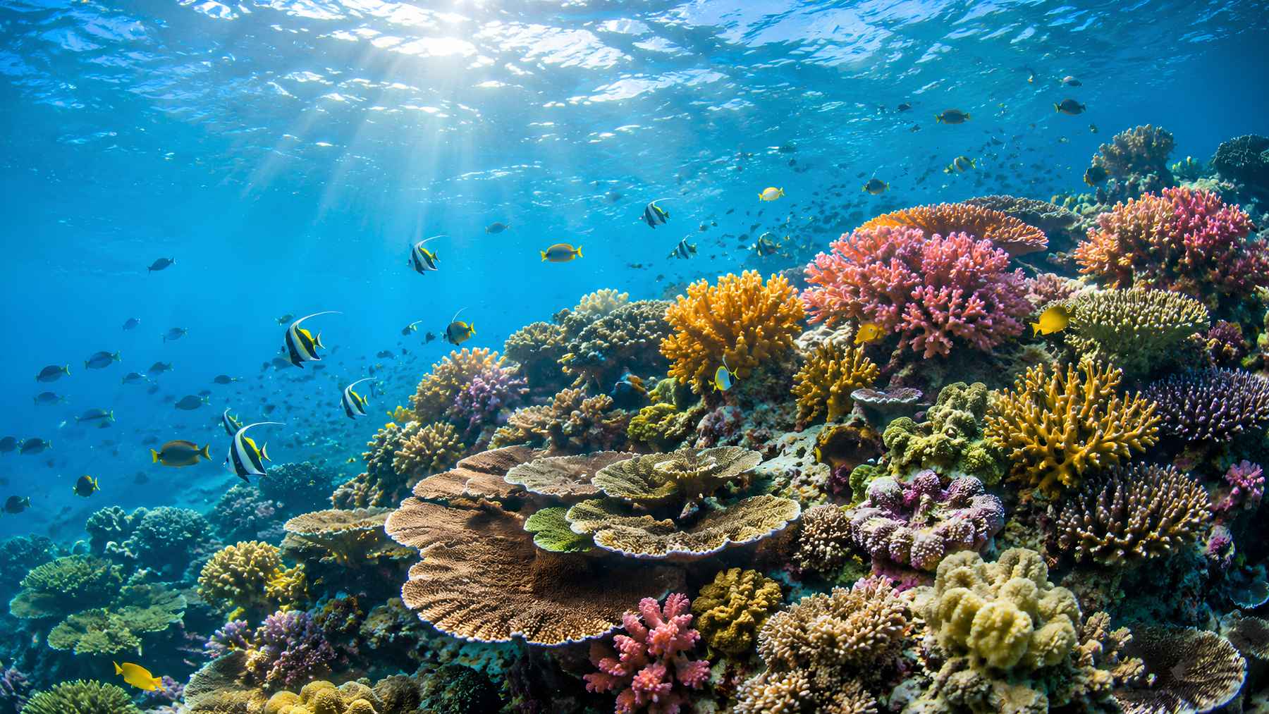 Colorful coral reef with tropical fish under clear blue water, illustrating coral habitats that may better withstand ocean warming.