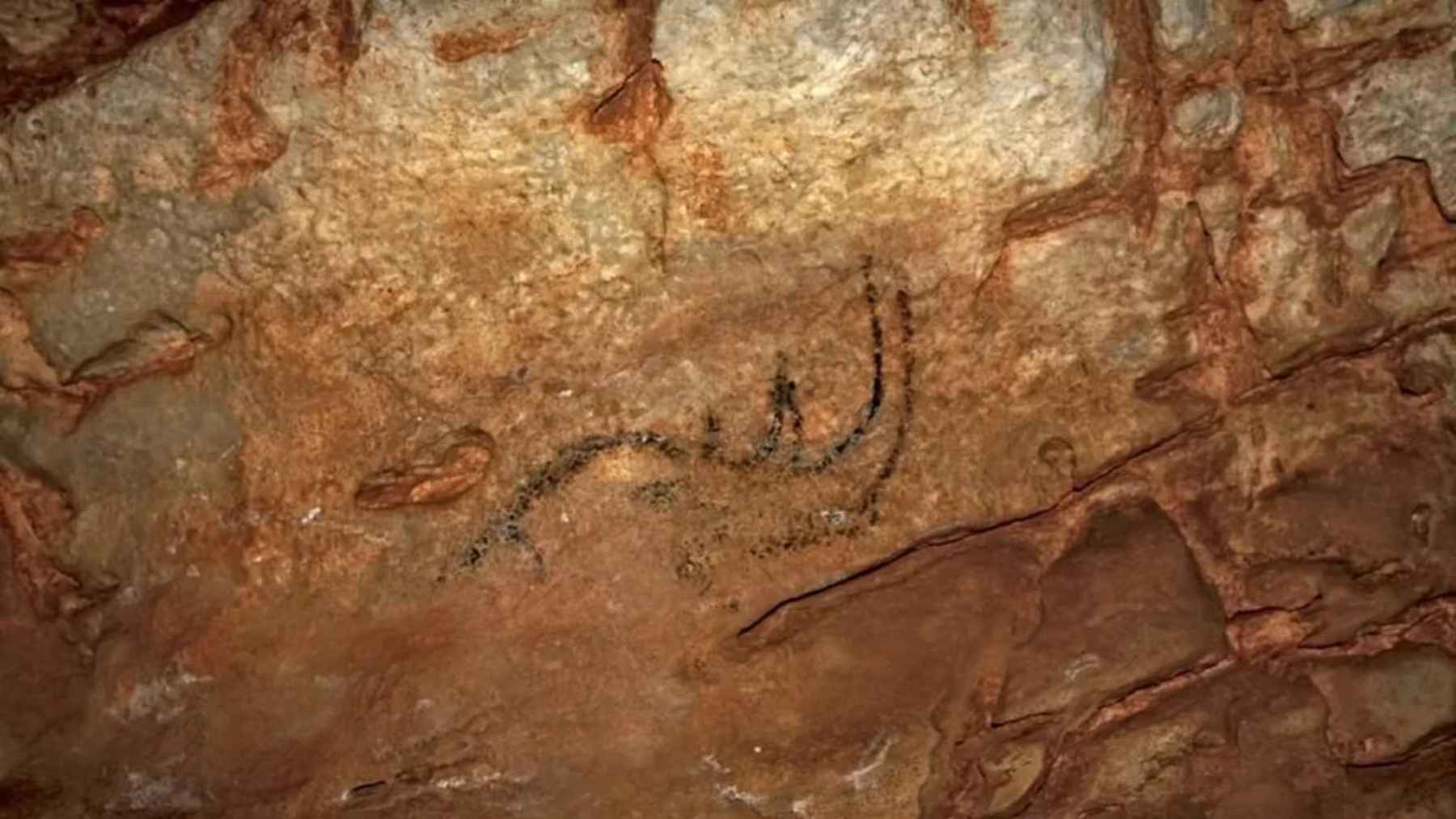 Paleolithic charcoal cave drawing of an animal on a rock wall in Romania