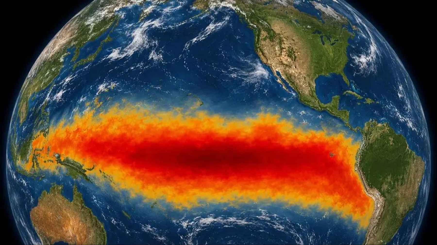 Global map showing intense El Niño warming across the equatorial Pacific Ocean