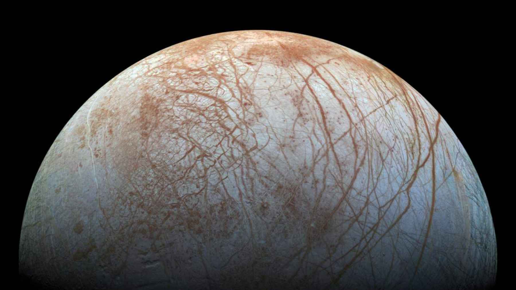 Europa, Jupiter’s ice-covered moon, seen in a global view as scientists study new ways to detect life through molecular patterns