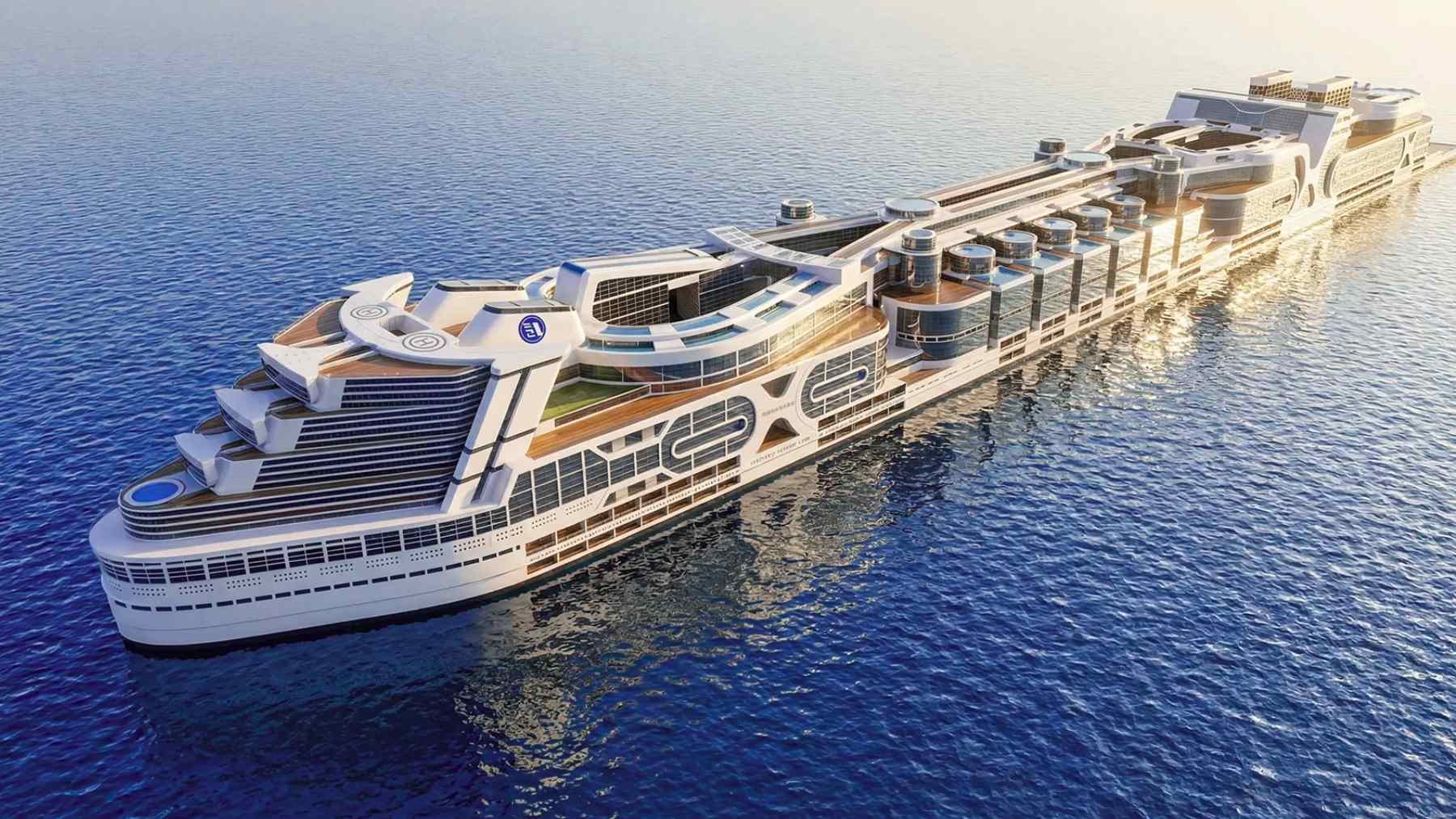 Rendering of Freedom Ship, a proposed floating city vessel designed to carry 80,000 people with schools and a hospital