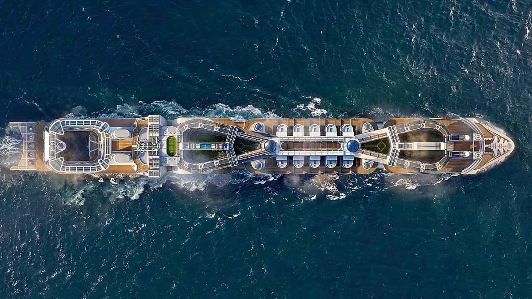 Aerial view of a modern cruise ship used to illustrate the scale difference between existing passenger vessels and the proposed Freedom Ship.