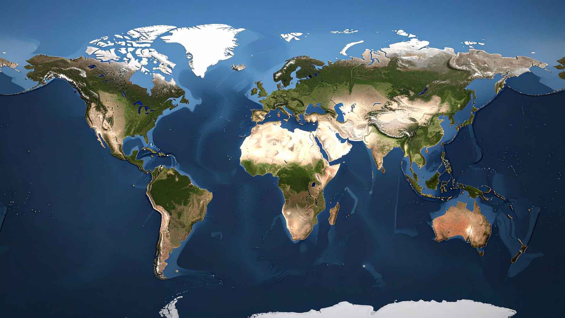 Global map of Earth showing continents and oceans, used as a reference for sea level and coastal elevation studies