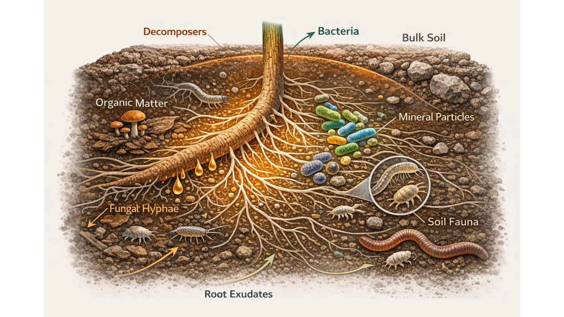 A hidden fungal web stretches the equivalent of a billion Earth-to-Sun trips, quietly steering life under our feet 1 Illustration of a mycorrhizal fungal network connecting plant roots with soil microbes, organic matter, and underground ecosystems.