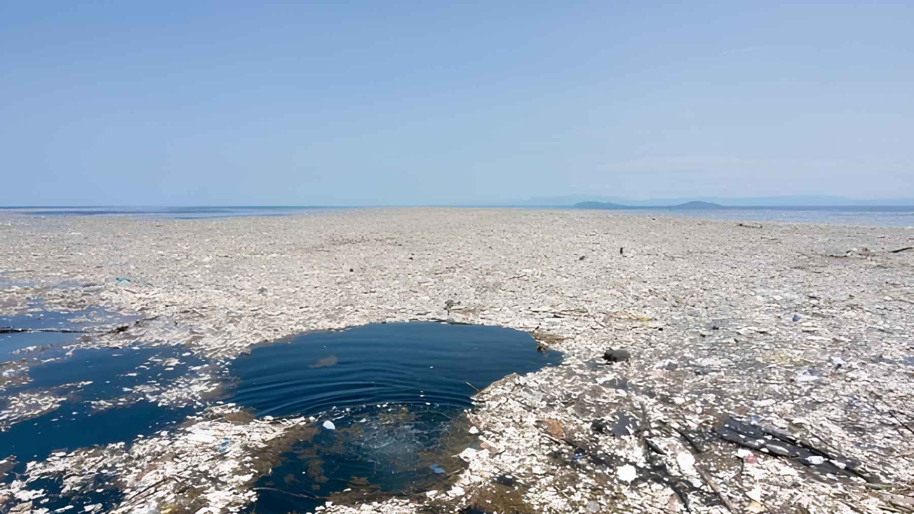 Wide view of floating plastic debris covering the ocean surface in the Great Pacific Garbage Patch.