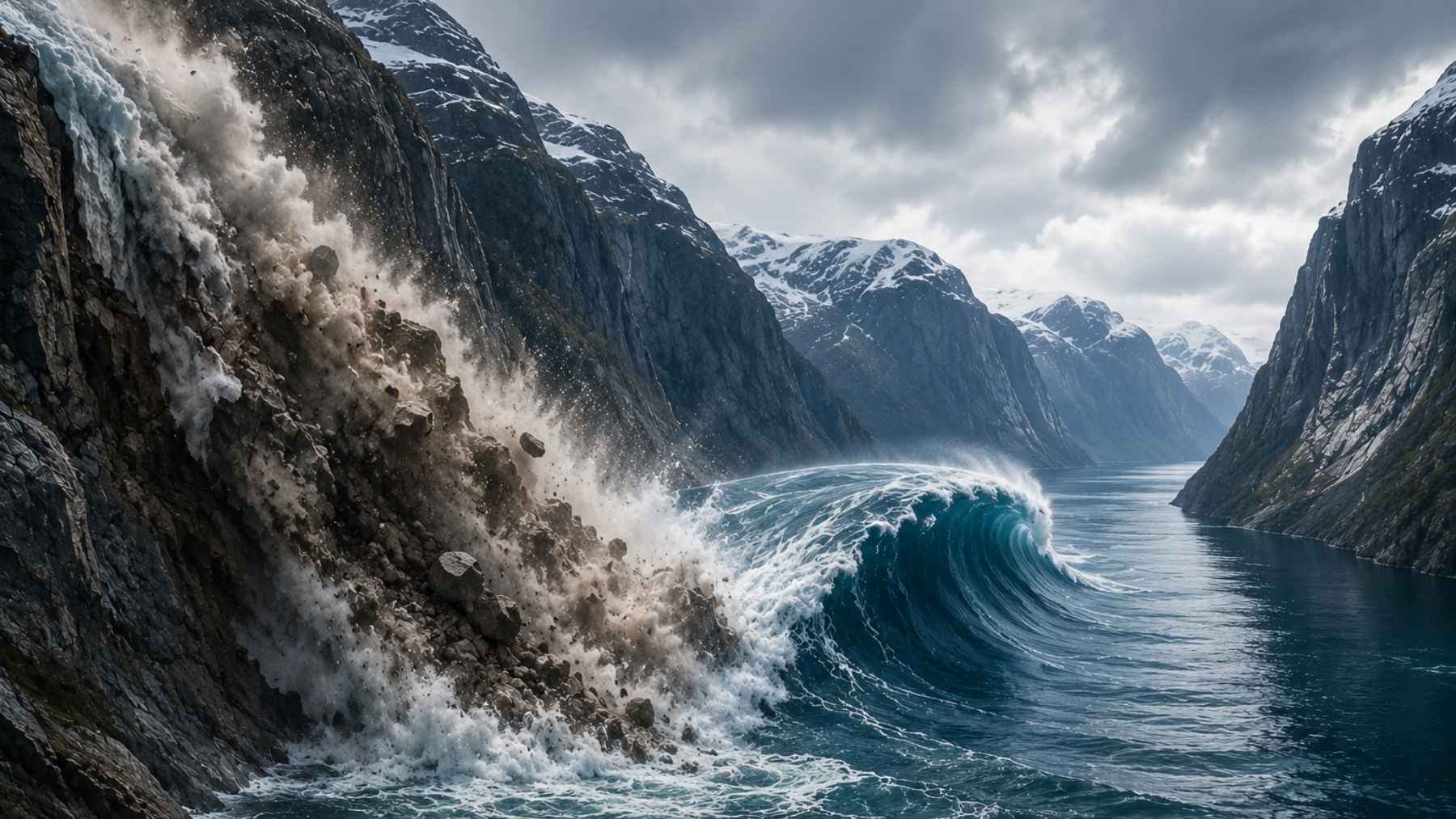 Illustration of a massive wave triggered by a landslide inside a narrow fjord, representing the Greenland megatsunami event