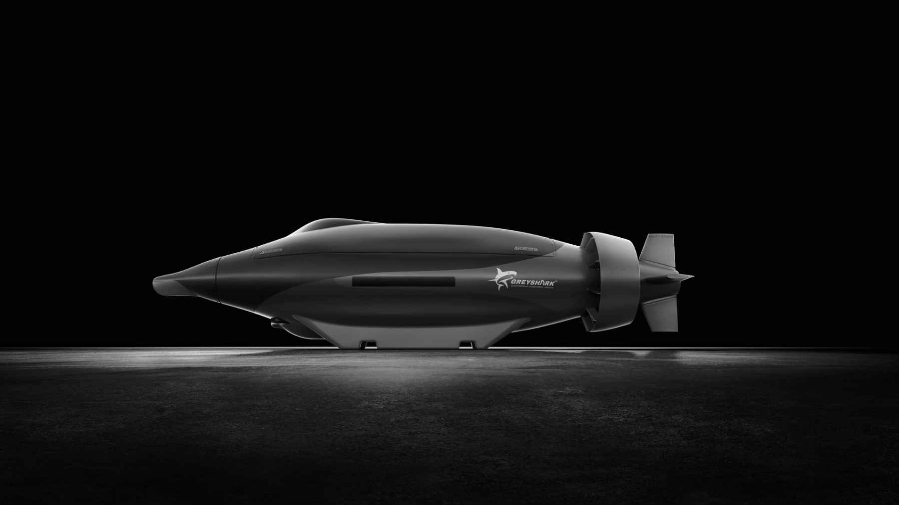 Greyshark autonomous underwater drone displayed in studio, long-endurance AUV design.